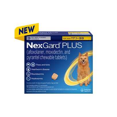 NexGard PLUS Chew for Dogs, 17.1-33 lbs. (Gold Box) 3 Chews (3-mos. supply) - Healthber