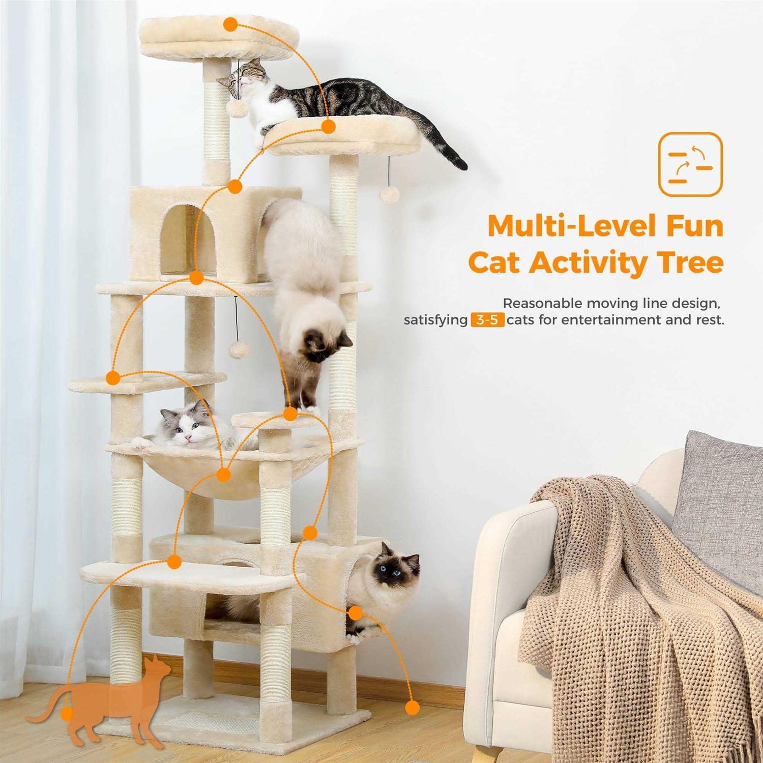 Pawz Road 73 inch Cat Tree for Large Cats Multi Level Tall Cat Tower Condo with 7 Scratching Posts - Healthber