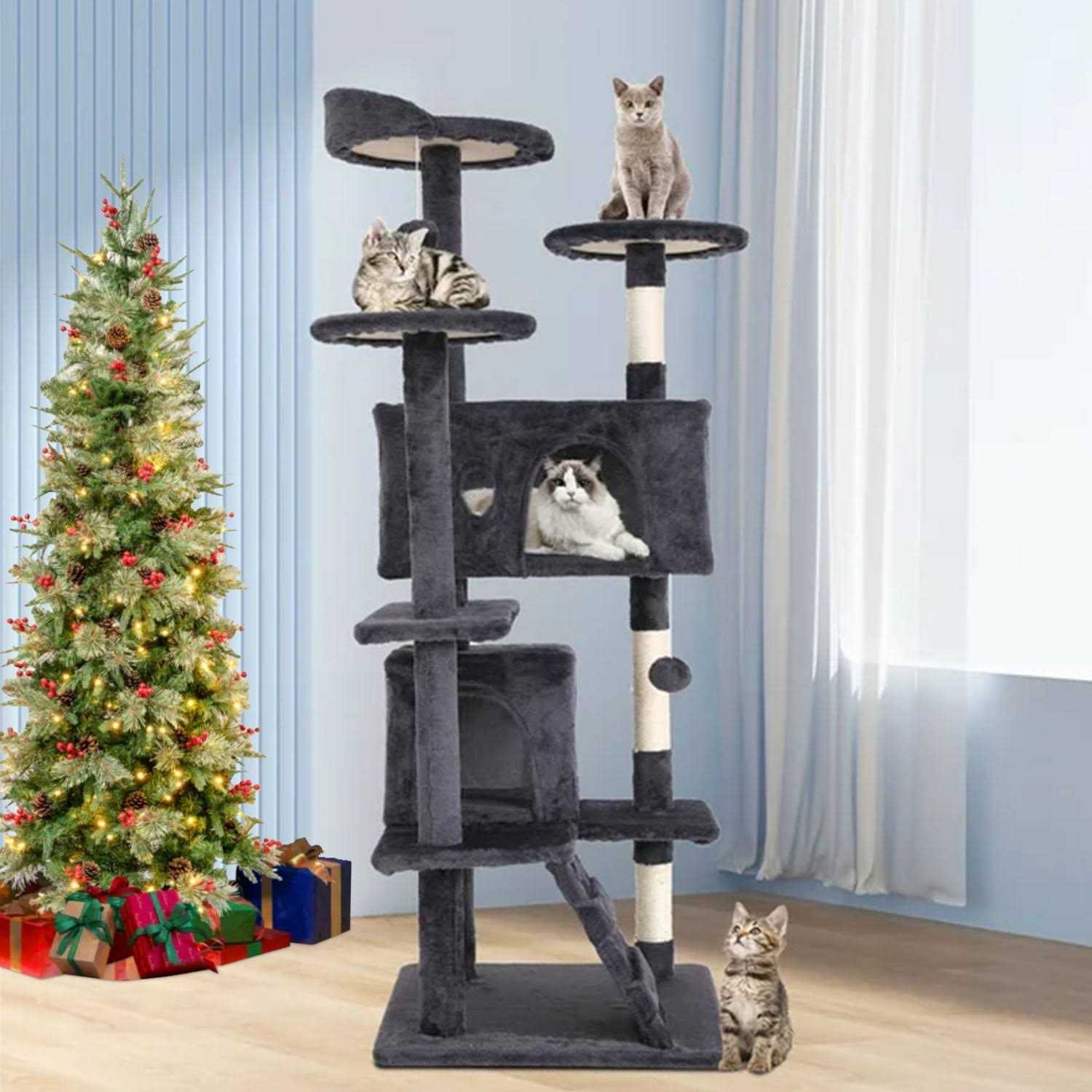Niamvelo 54-in Double Condo Cat Tree Tower Playhouse with Scratching Post & Perch for Indoor - Healthber