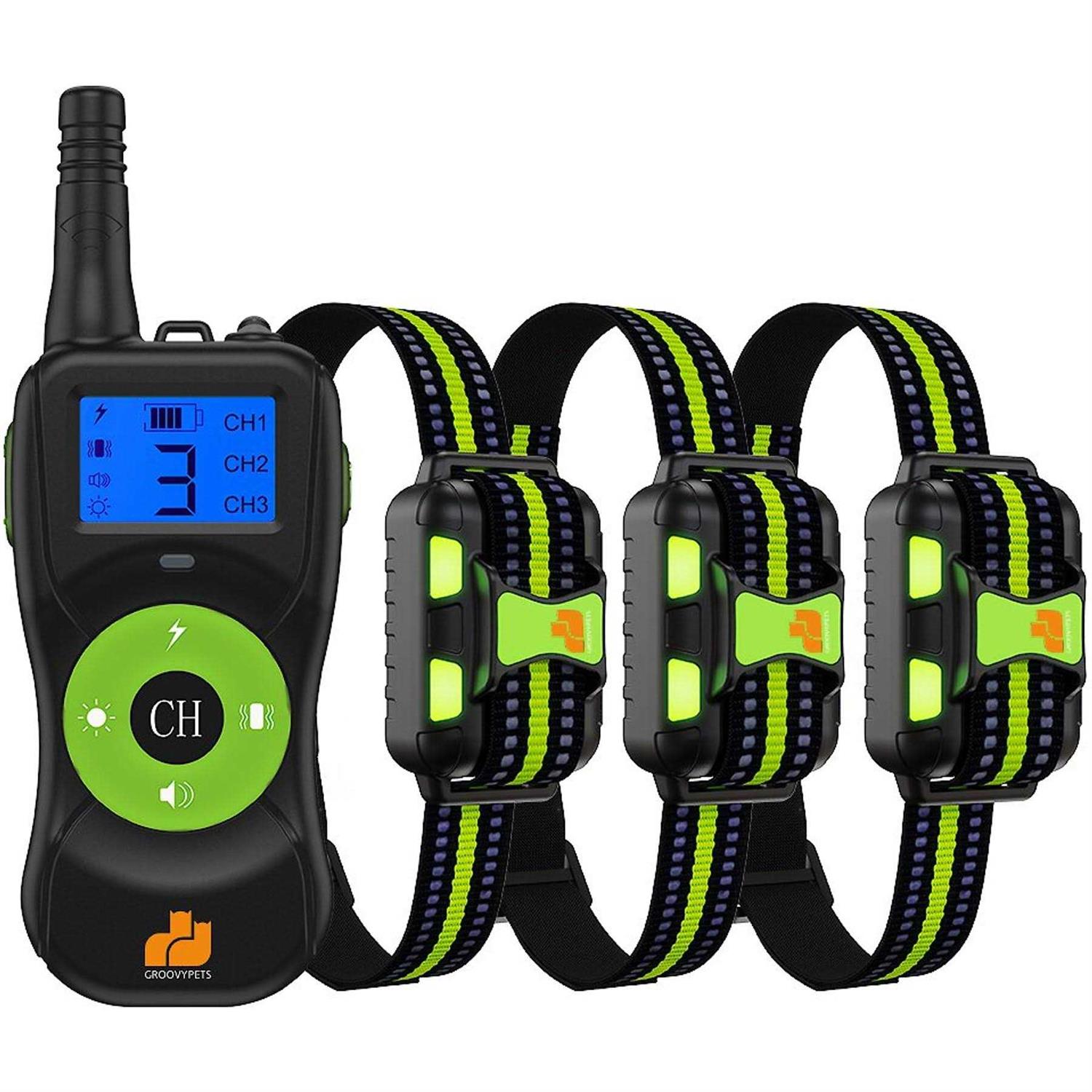Groovypets Three-Dog Kit 800 Yard Waterproof Long-Life Rechargable Remote Dog Training Shock Collar System - Healthber