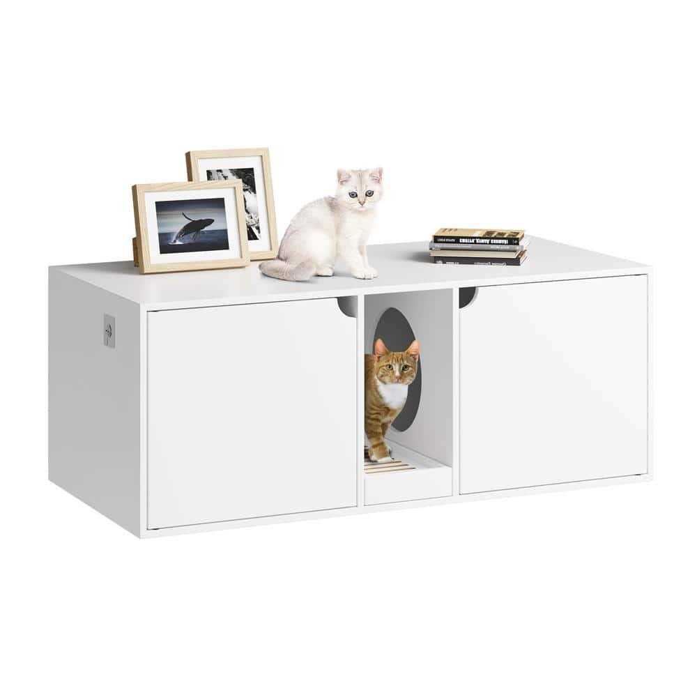 FUFU&GAGA White Wood Side End Table Cat Litter Box with Double Room - Healthber