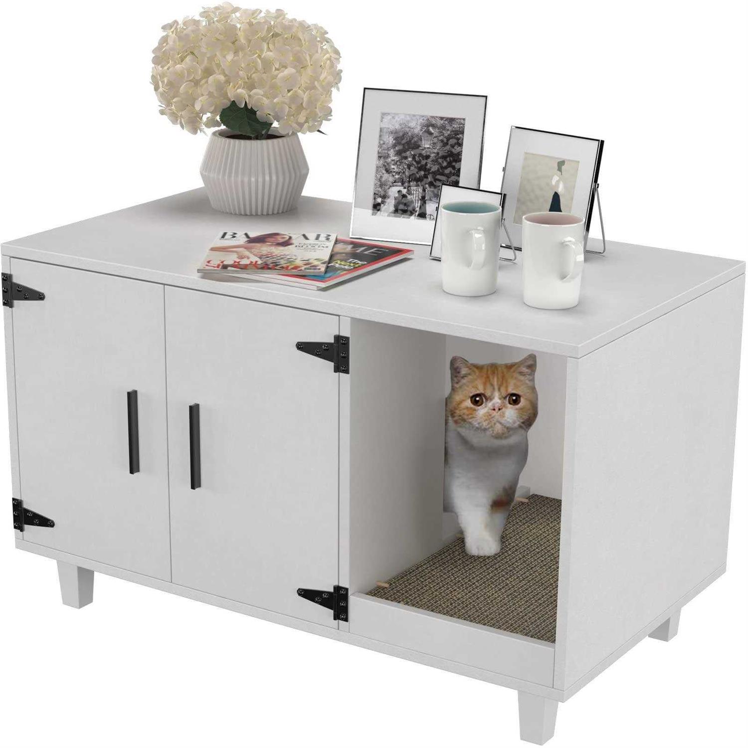 GDLF Pet Crate Cat Washroom Hidden Litter Box Enclosure as Table Nightstand with Scratch Pad,Stackable - Healthber