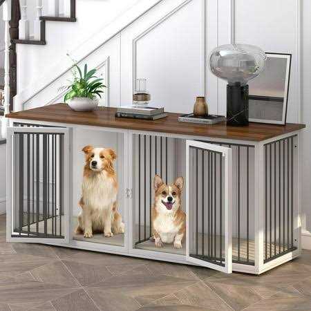Large Dog Crate Furniture for 2 Dogs Linor Wooden Dog Crate Table with Double Doors - Healthber