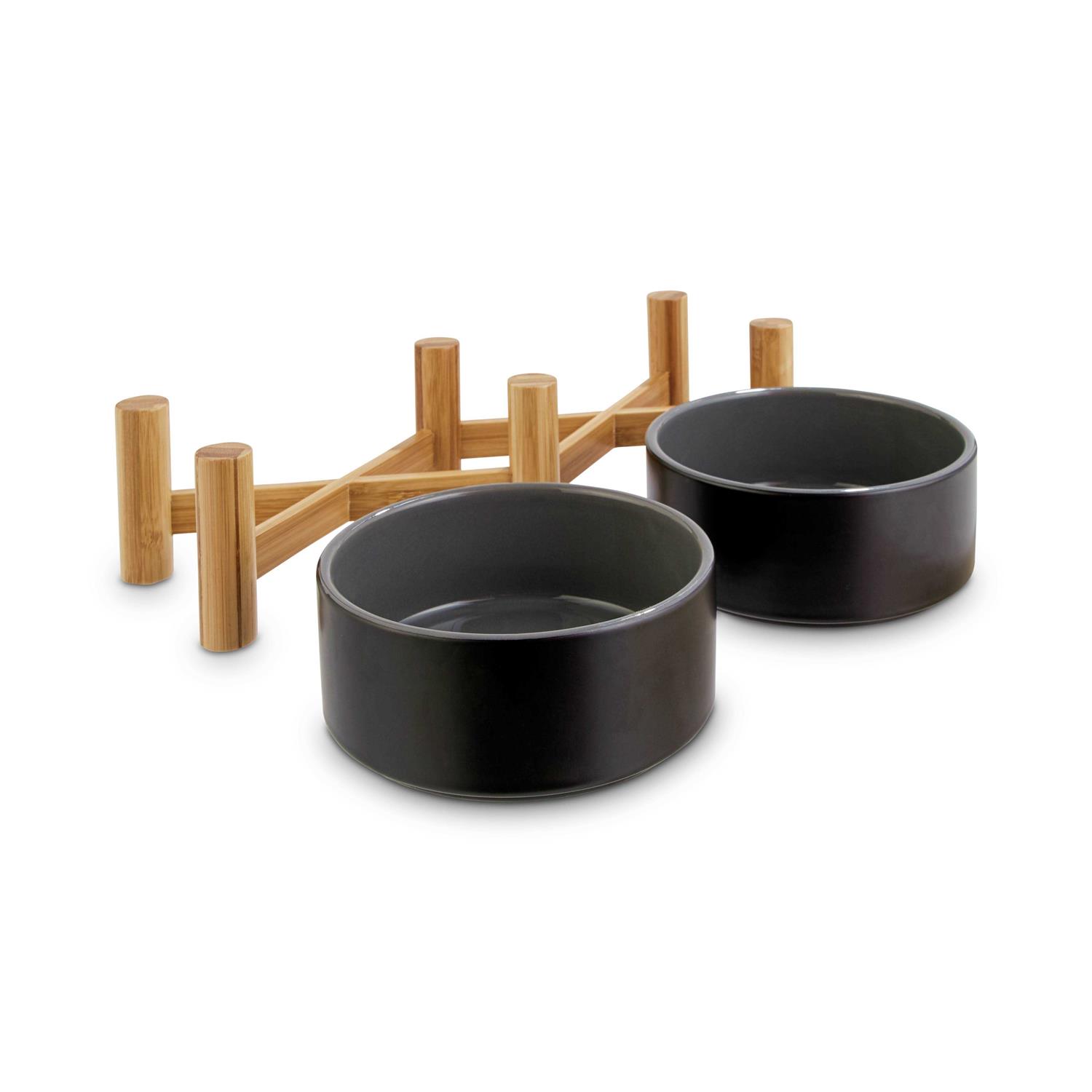 Reddy Black Ceramic Bamboo Elevated Double Diner Pet Bowl - Healthber