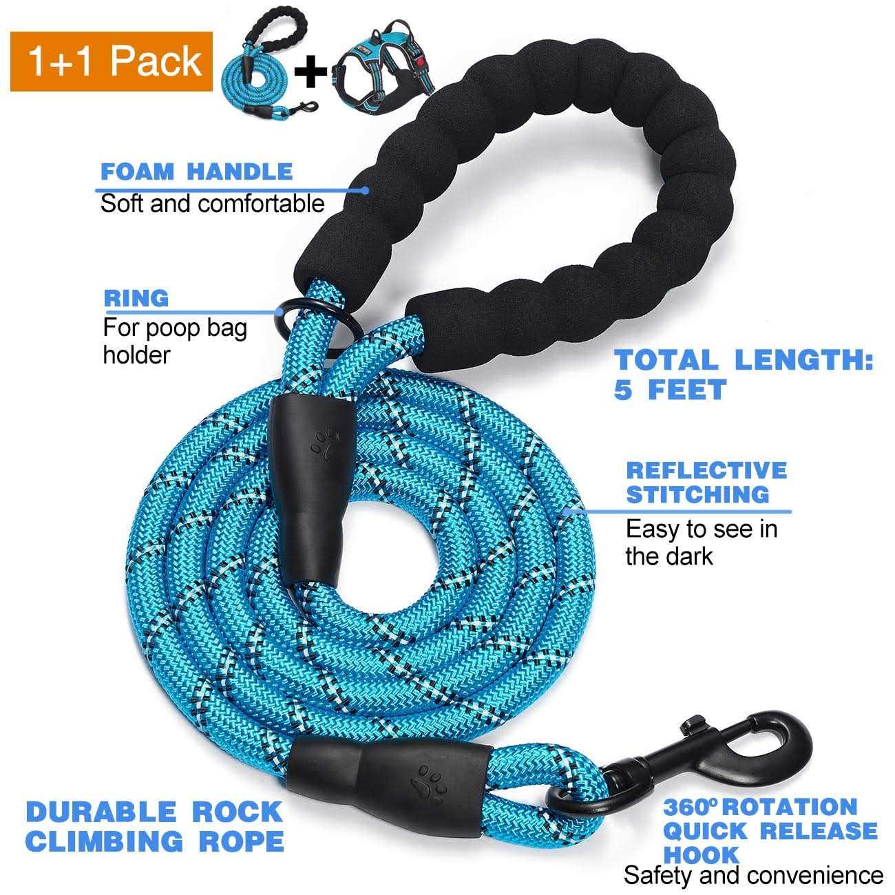 tobeDRI No Pull Dog Harness Adjustable Reflective Oxford Easy Control Medium Large Harness with A Free Heavy Duty 5ft Dog Leash - Healthber