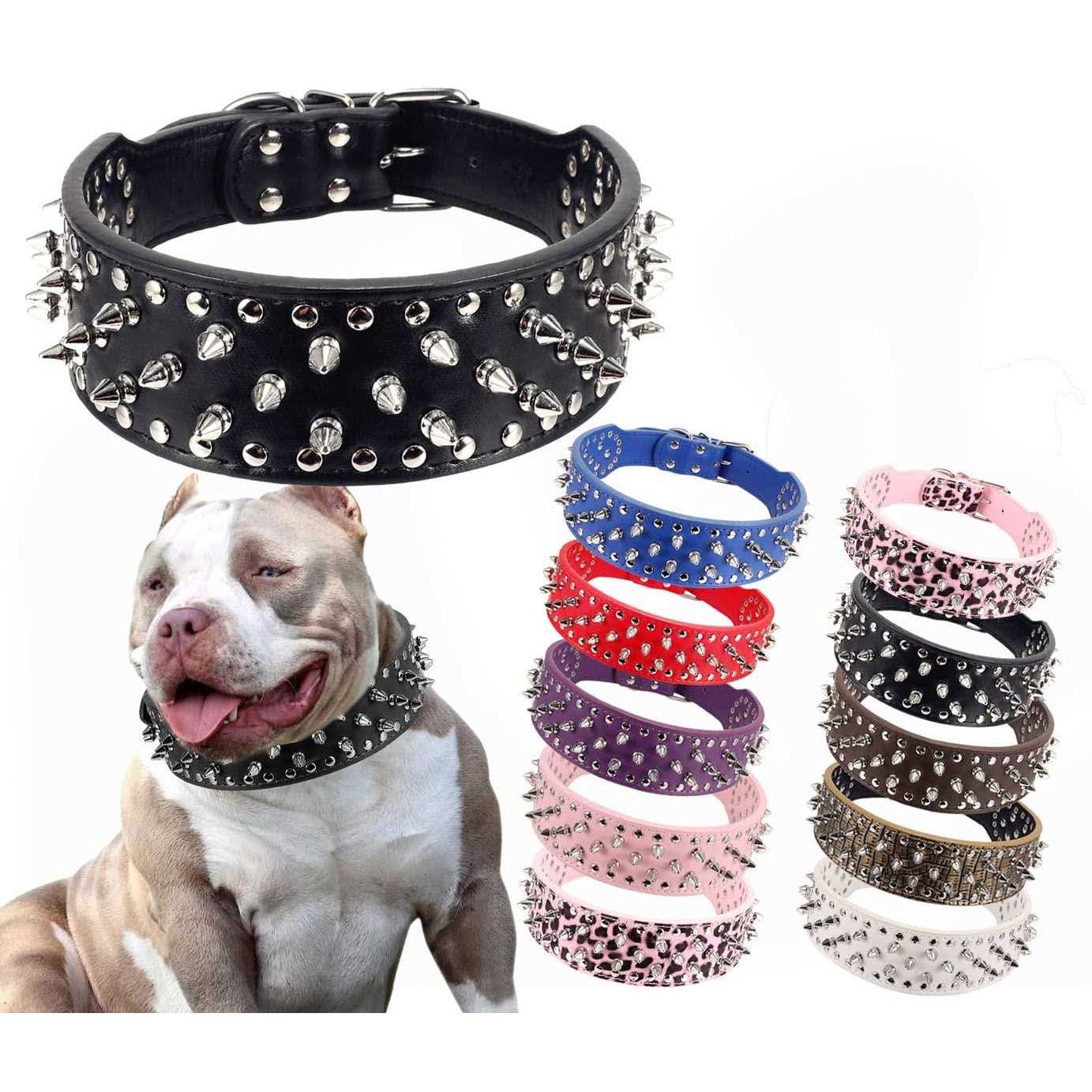 Hoot Pu Leather Adjustable Spiked Studded Dog Collar 2 Wide Spikes - Healthber