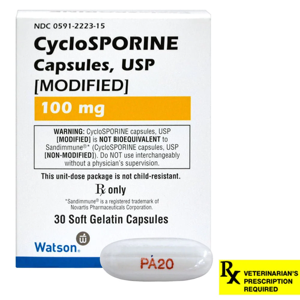 Rx CycloSPORINE Capsules modified for Dogs & Cats, 30 Gel Capsules - Healthber