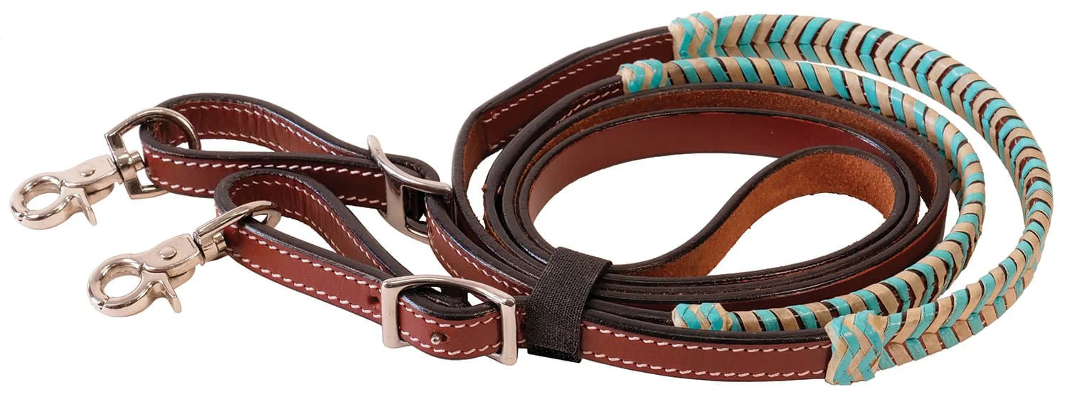 Buffalo Leather Turquoise Rawhide Laced Roping Rein, 7 ft - Healthber