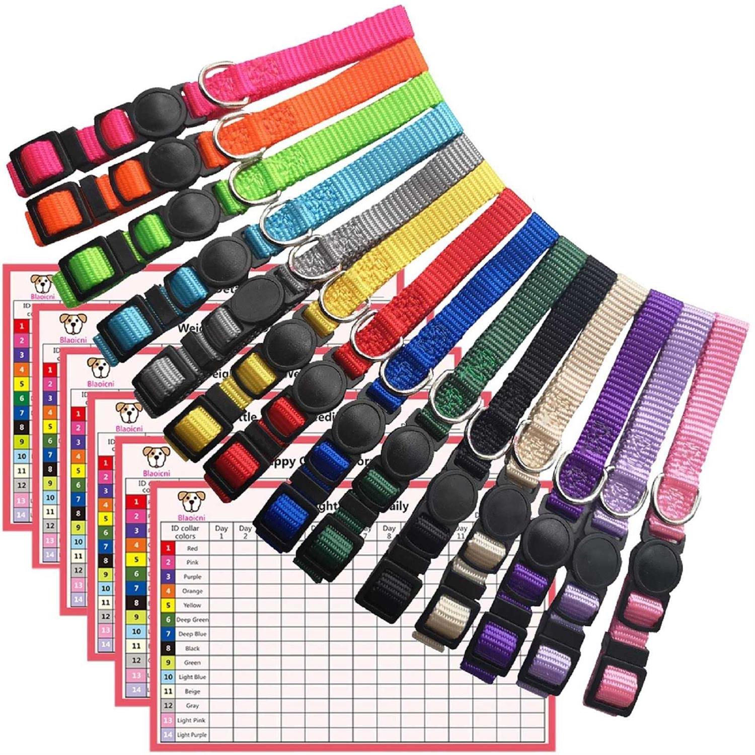 14PCS Puppy ID Collar Identification Soft Nylon Adjustable Breakaway Safety Whelping Litter Collars for Newborn Pets with Record Keeping Charts - Healthber
