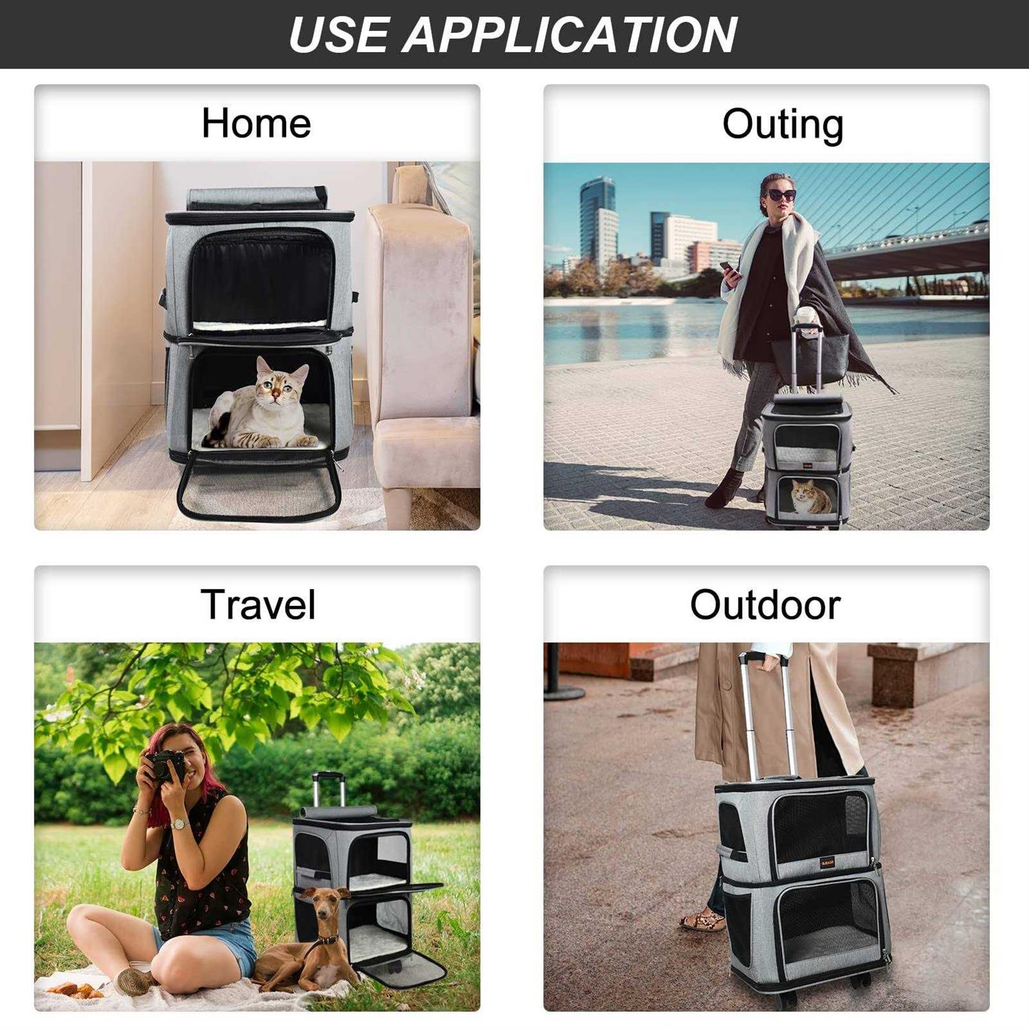 GJEASE Double-Compartment Pet Dog Rolling CarrierBackpack with Wheels,Cat Carrier for 2 Cats,Super Ventilated Design,Ideal for Traveling/Hiking - Healthber
