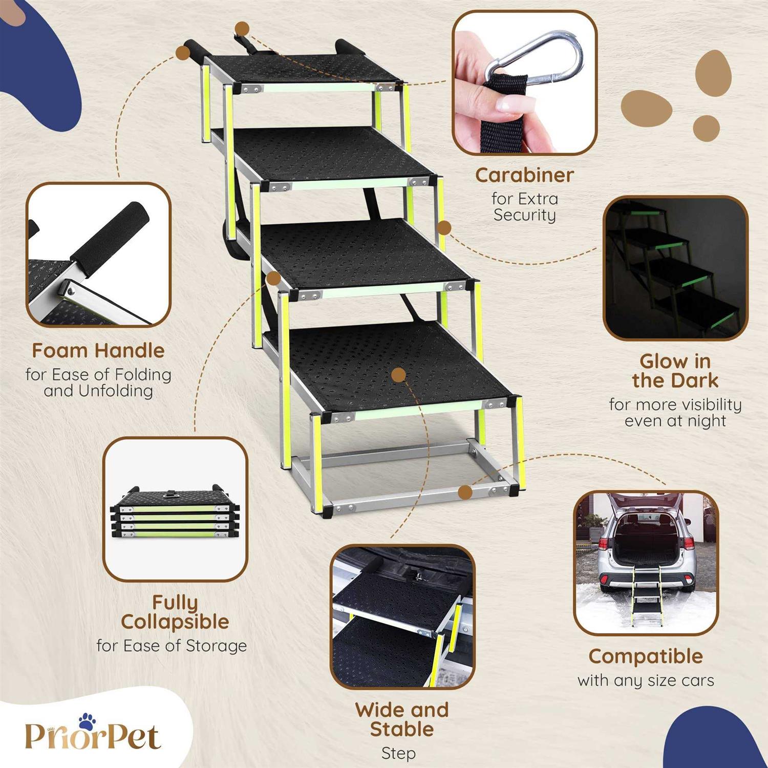Dog Stairs for Large Dogs PRIORPET Glow in The Dark Marking Foldable Dog ramp for Car and Small SUV - Healthber