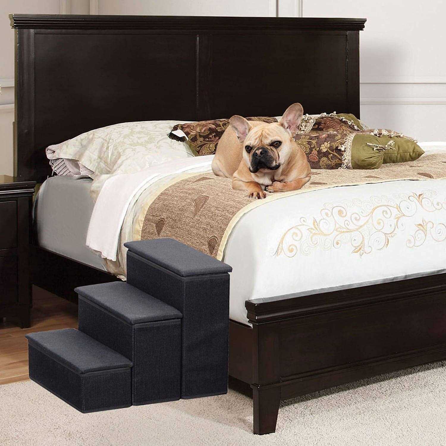 Etna 3-Step Pet Steps with Storage Fold Away Pet Stairs Upholstered - Healthber
