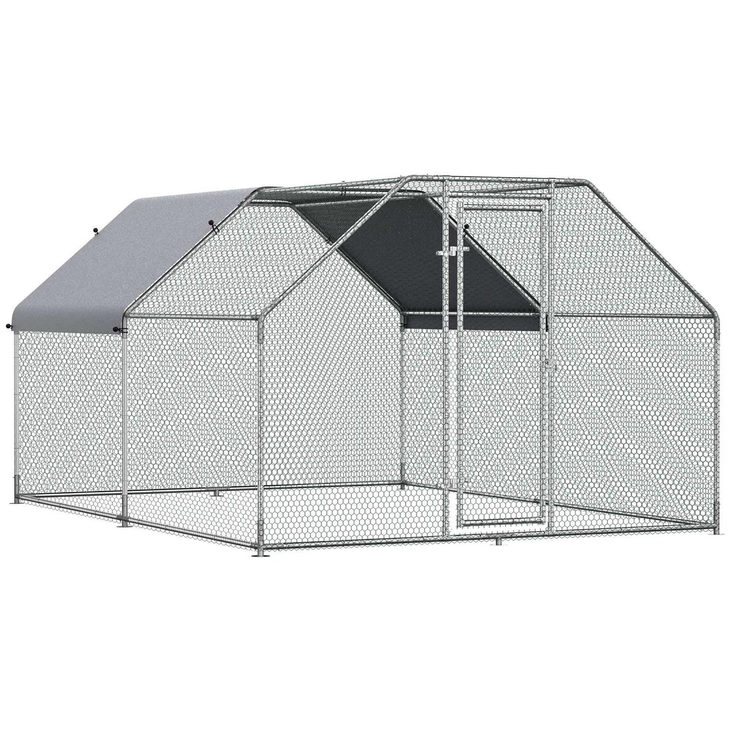 PawHut Galvanized Metal Chicken Coop Cage with Cover Walk-In Pen Run - Healthber
