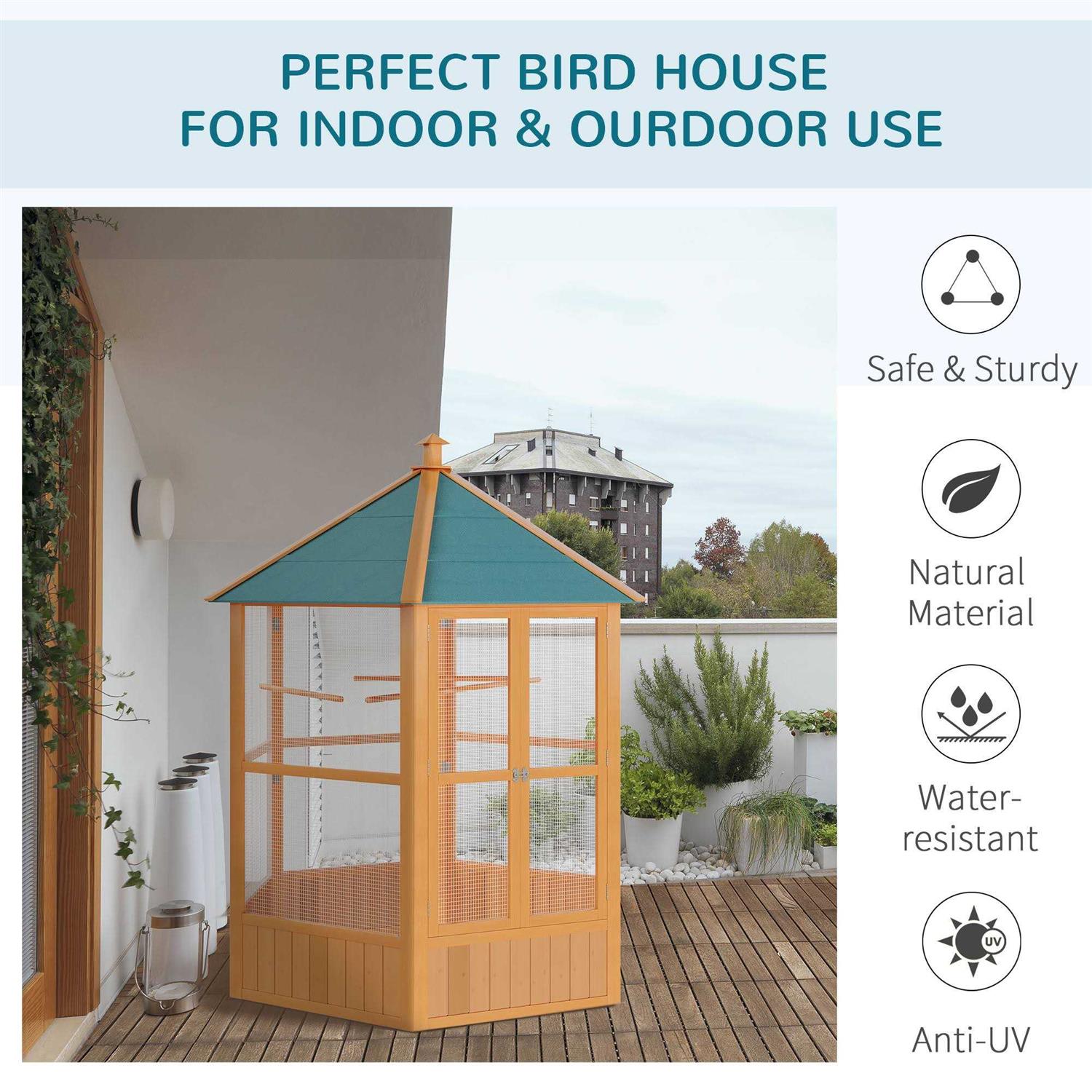 PawHut 69 Large Wooden Hexagonal Outdoor Aviary Flight Bird Cage With Covered Roof - Healthber