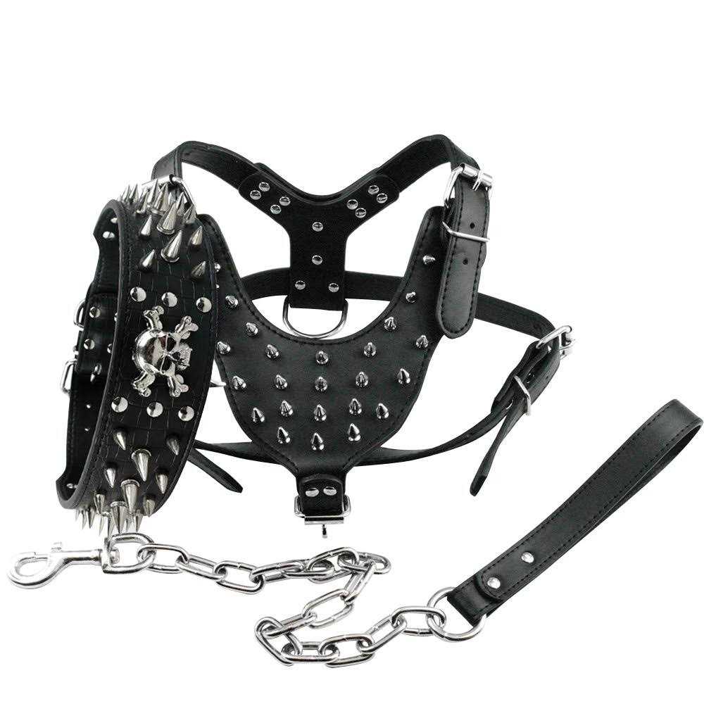 Berry Pet Black Leather Spikes Studded Medium & Large Dog Collar & Leash & Harness 3 Pcs Set for Pitbull Boxer - Healthber