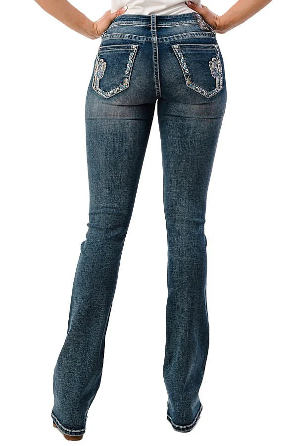 Grace in LA Cactus Embellished Mid Rise Bootcut Jeans - Healthber