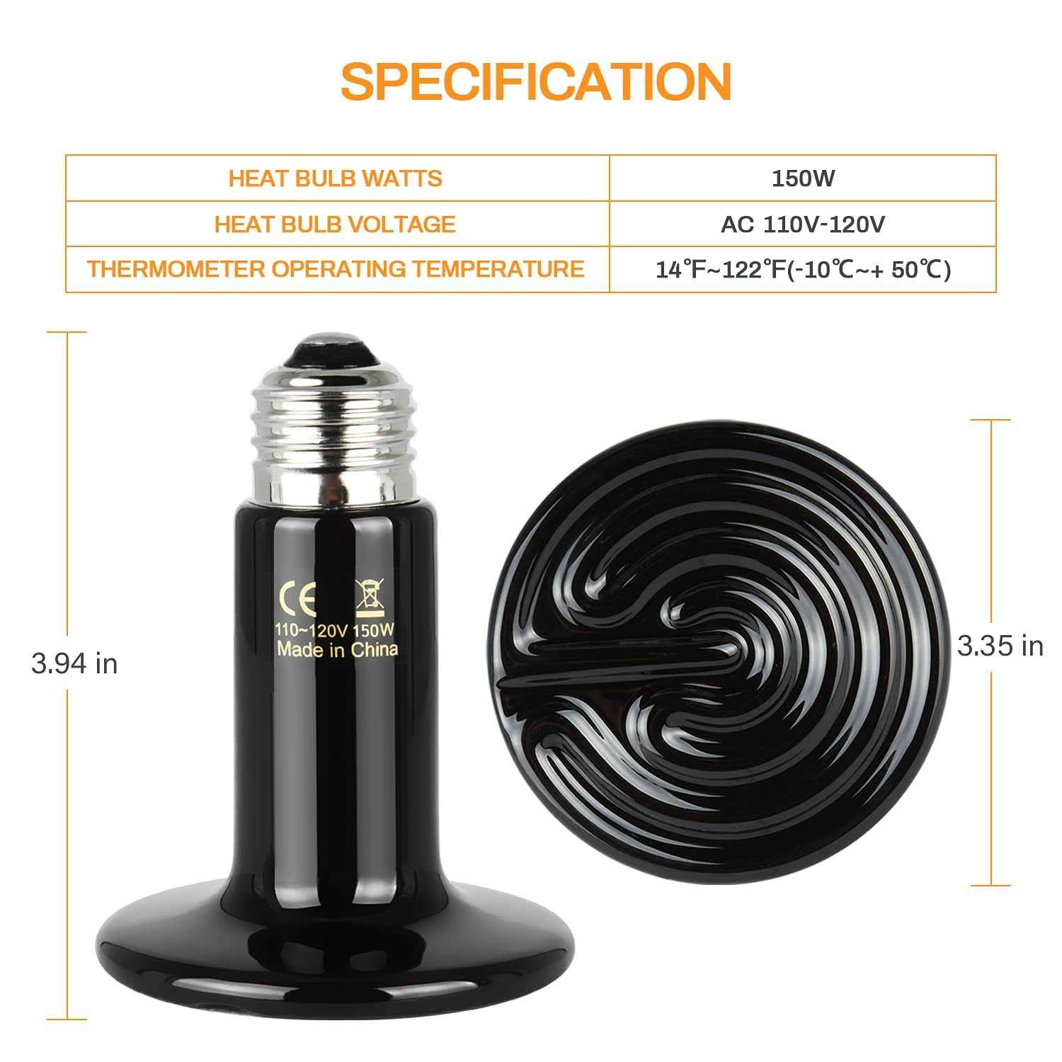 Simple Deluxe 150W Ceramic Heat Emitter Reptile Heat Lamp with Digital-Thermometer - Healthber