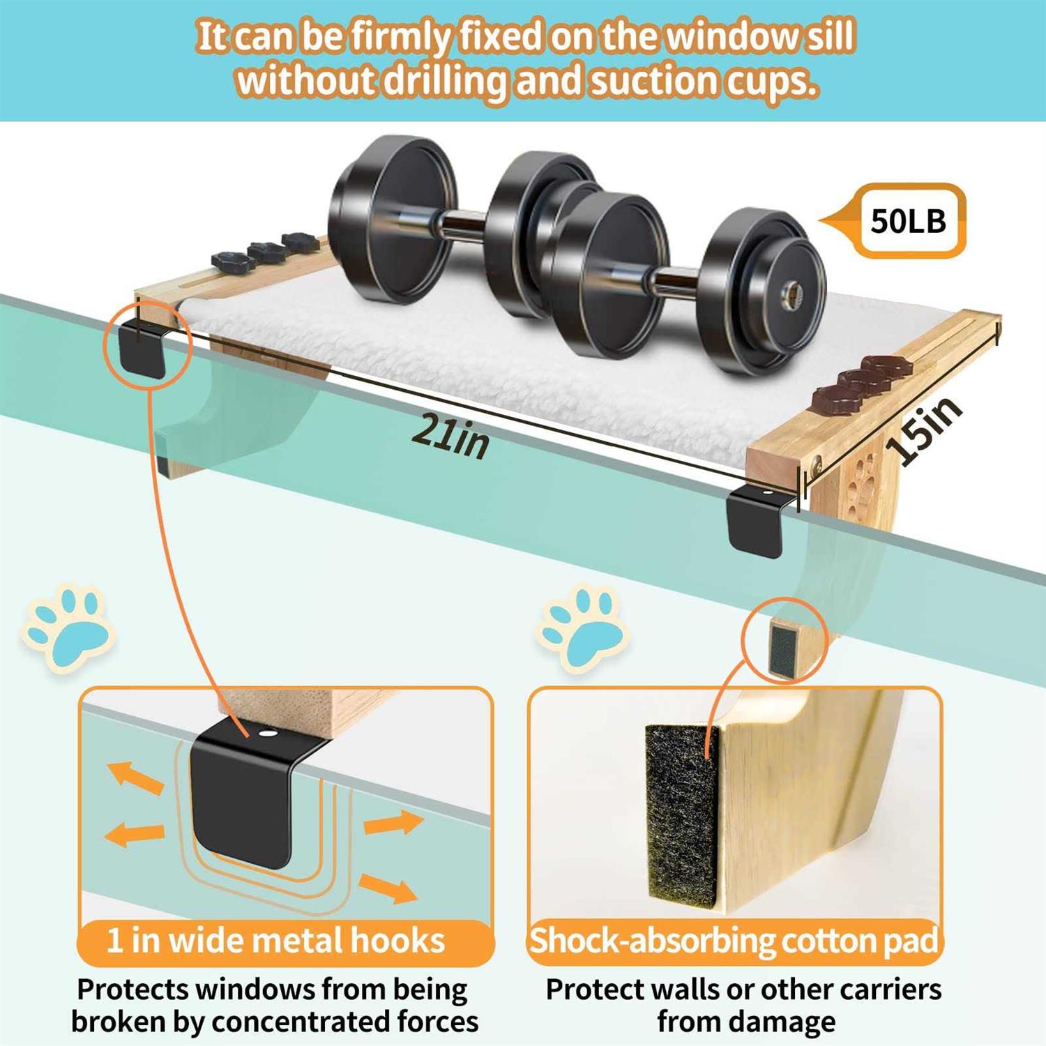SEEPEARL Cat Window Perch Sturdy Cat Window Hammock with Wood and Metal Frame-No Drilling Required-Multiple Ways to Use-Cat Bed for Windowsill,Floor,Bedside - Healthber