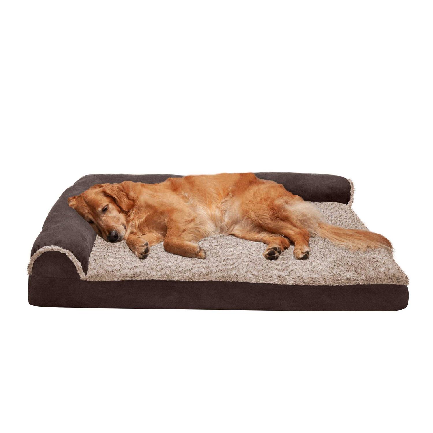 FurHaven Pet Bed Two-Tone Faux Fur Suede Deluxe Chaise Lounge Dog Bed - Healthber