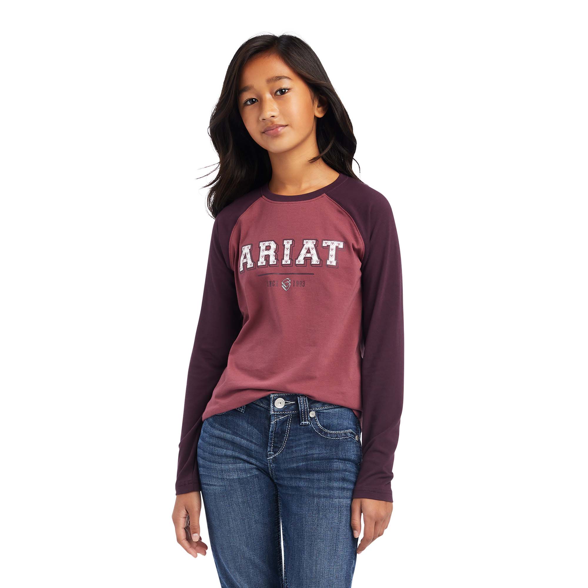 Ariat Girls Varsity Longsleeve T-Shirt, Mulberry/Rose - Healthber