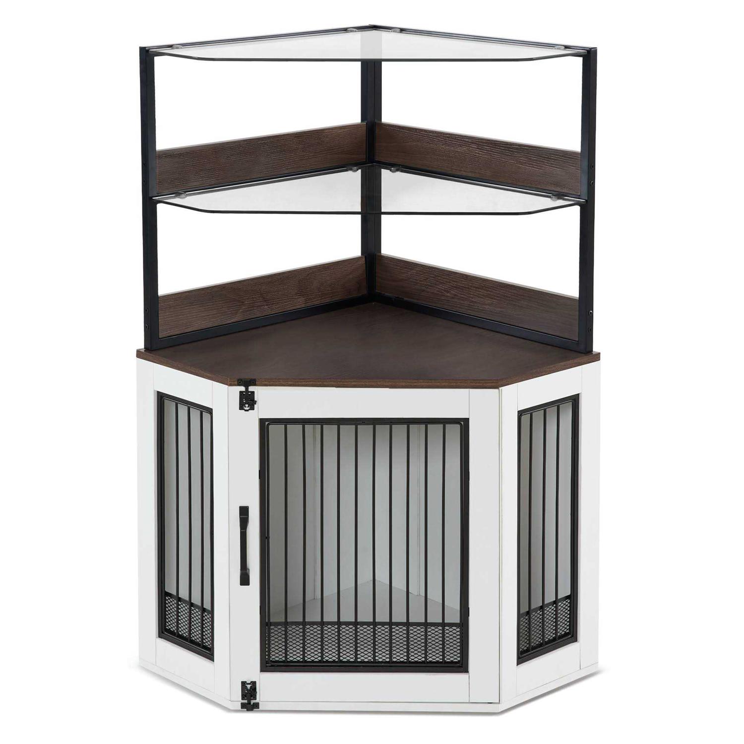 MCombo Corner Dog Crate Furniture with Glass Shelves Wooden Dog Kennel Furniture with Door - Healthber