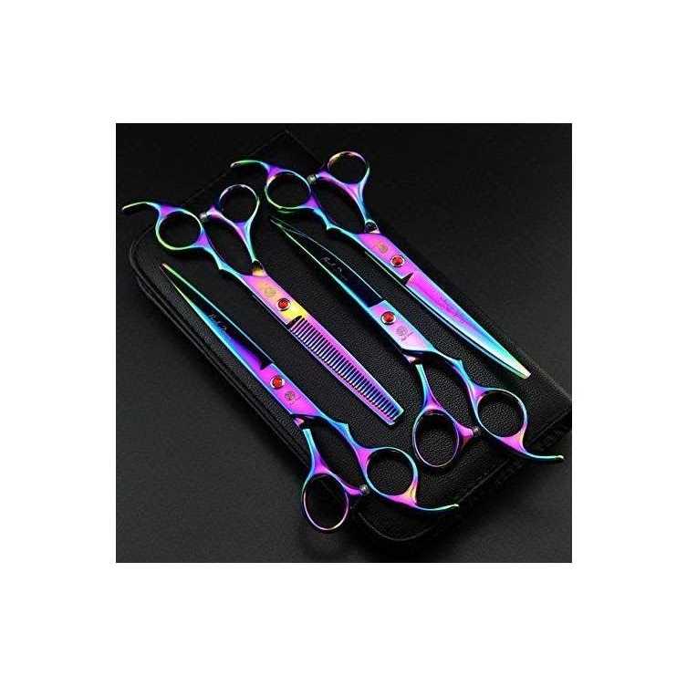 Purple Dragon Professional 7.0 inch 4PCS Pet Grooming Scissors Kit Japan Premium Steel Straight & Curved & Thinning Blade Dog Hair Cutting Shears Set - Healthber