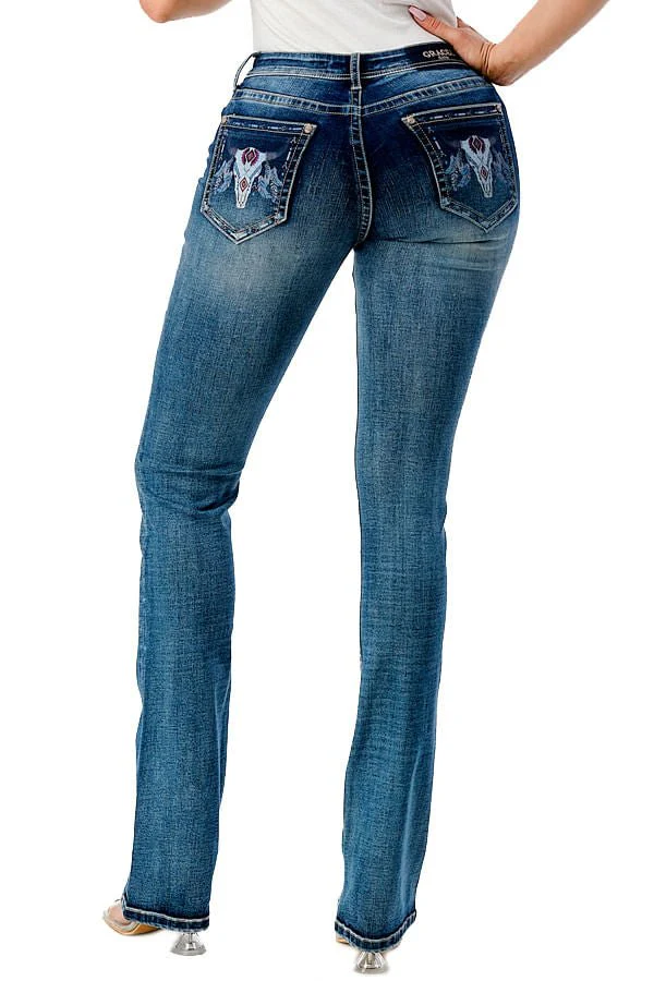 Grace in LA Steer Head Print Mid Rise Bootcut Jeans - Healthber