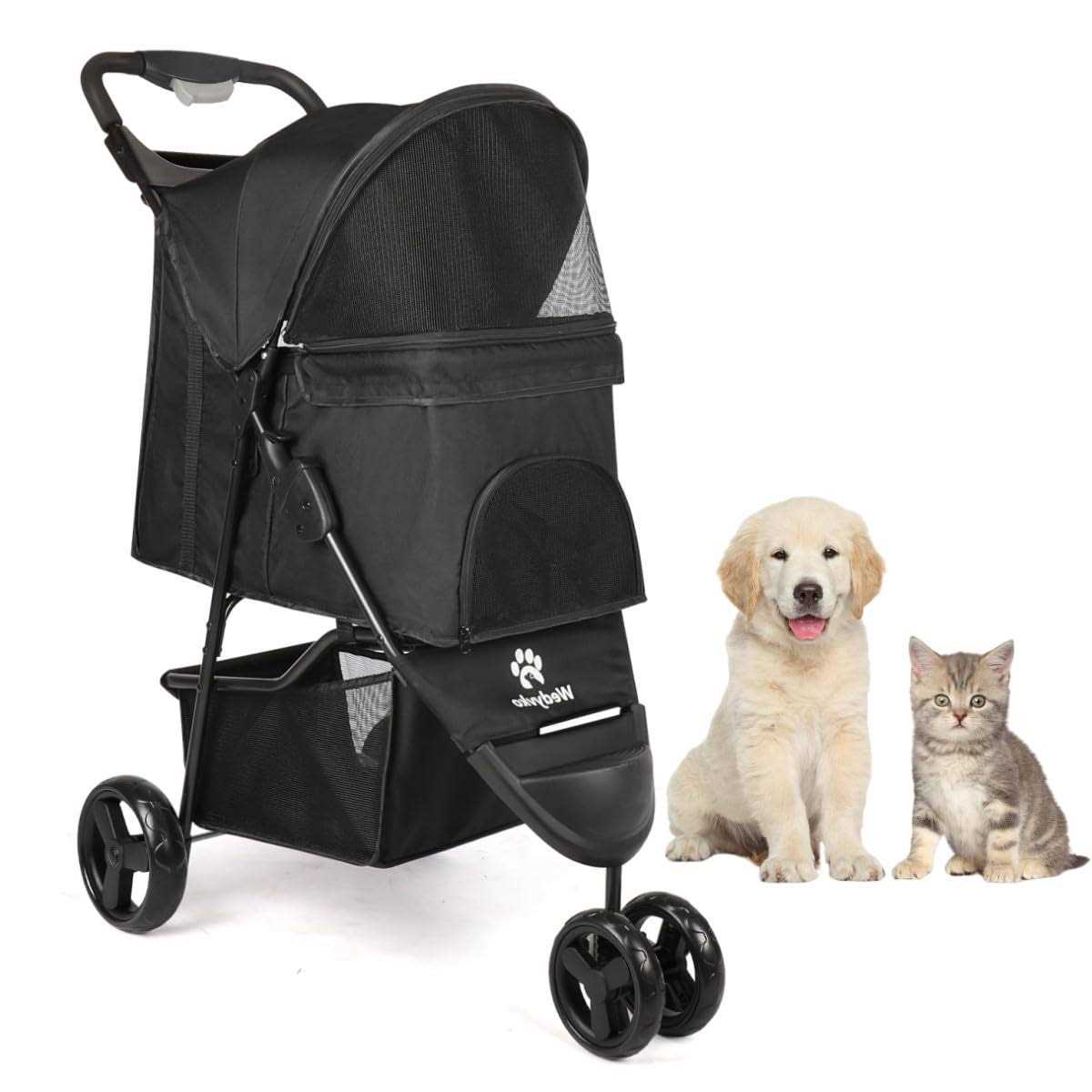 Timati Dog Stroller 3 Wheels Pet Stroller Foldable Dog Cat Carrier Strolling with Brake, Canopy, Cup Holders and Bottom Storage Space - Healthber