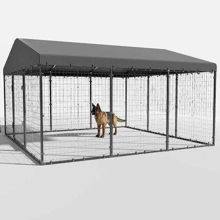 Alaulm Large Heavy Duty Outdoor Dog Kennel, Galvanized Steel Dog Kennel Fence with Roof and Double Safety Locks - Healthber