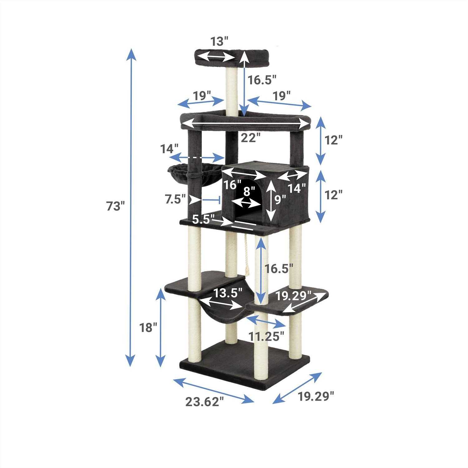 Frisco 73-in Cat Tree with Hammock Condo Lounge Basket Top Perch and Bed - Healthber