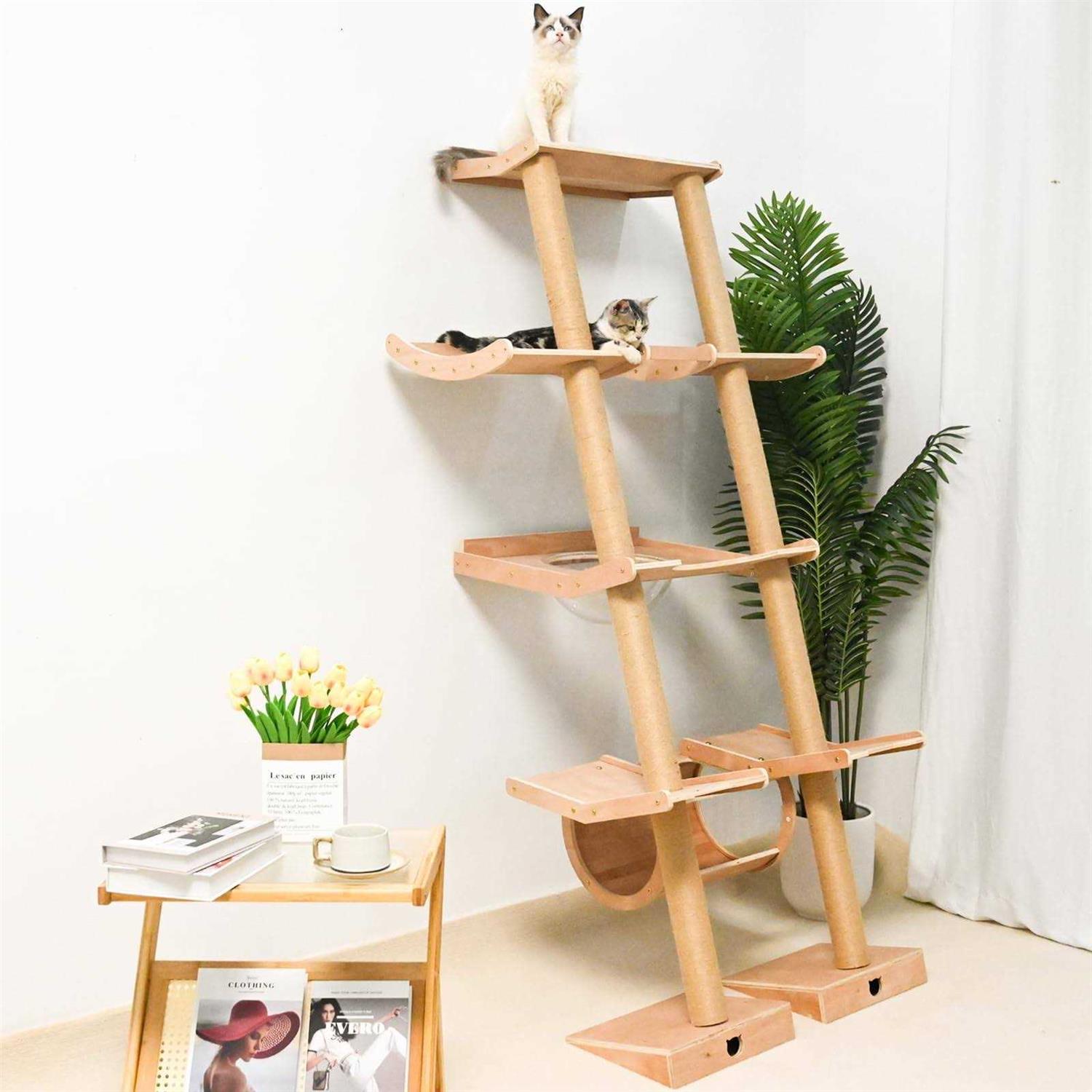 Cat Tree with Hammock Tall Wall Mounted Wood Scratching Post for Indoor Cats Climbing Activity Tower - Healthber