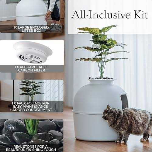 Secret Litter Box by Bundle & Bliss Hidden Litter Box Enclosure with Odor Control Carbon Filter, Faux Plant and Real Stones - Healthber