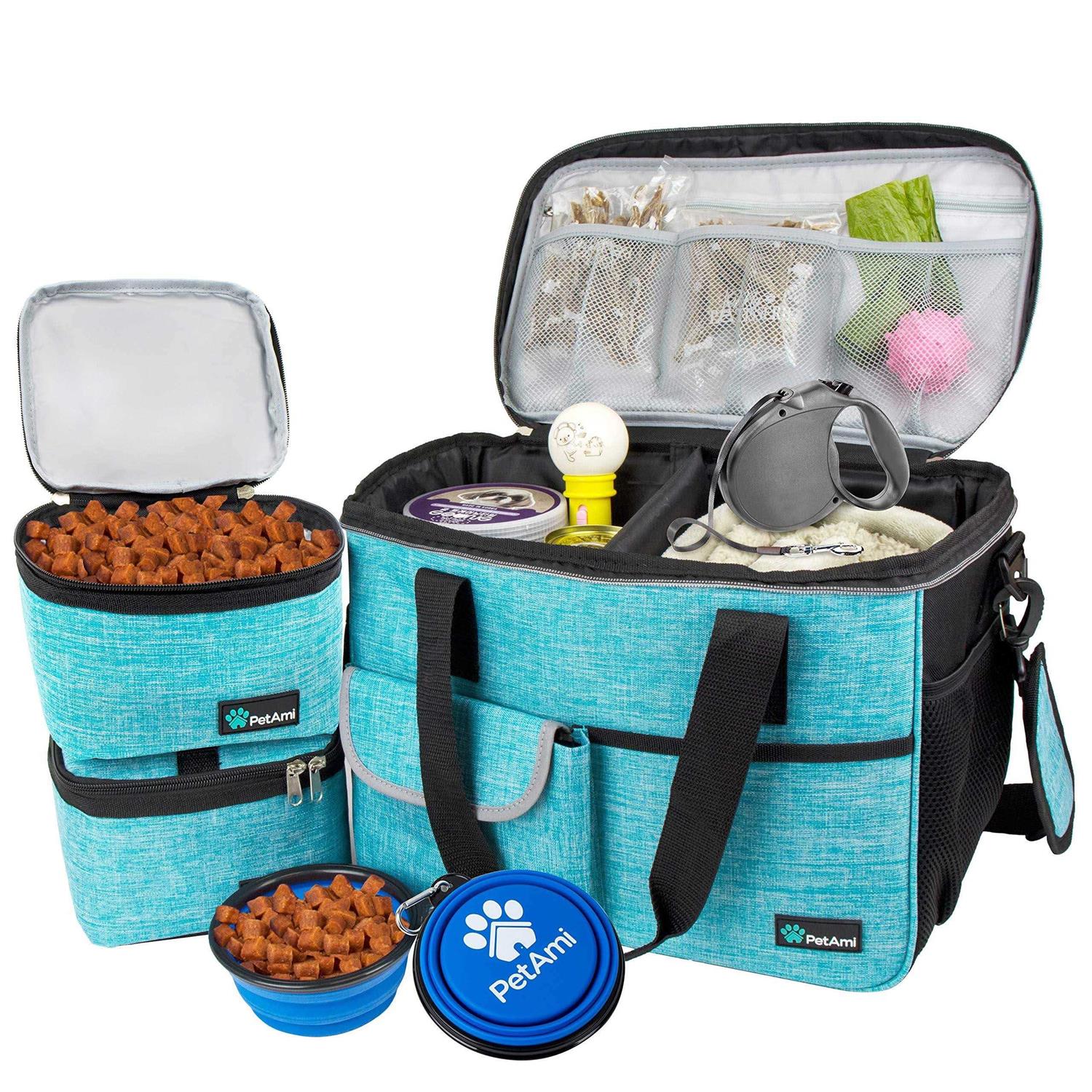 PetAmi Dog Travel Bag, Travel Pet Bag Organizer, Dog Food Travel Bag with Food container and Bowls - Healthber