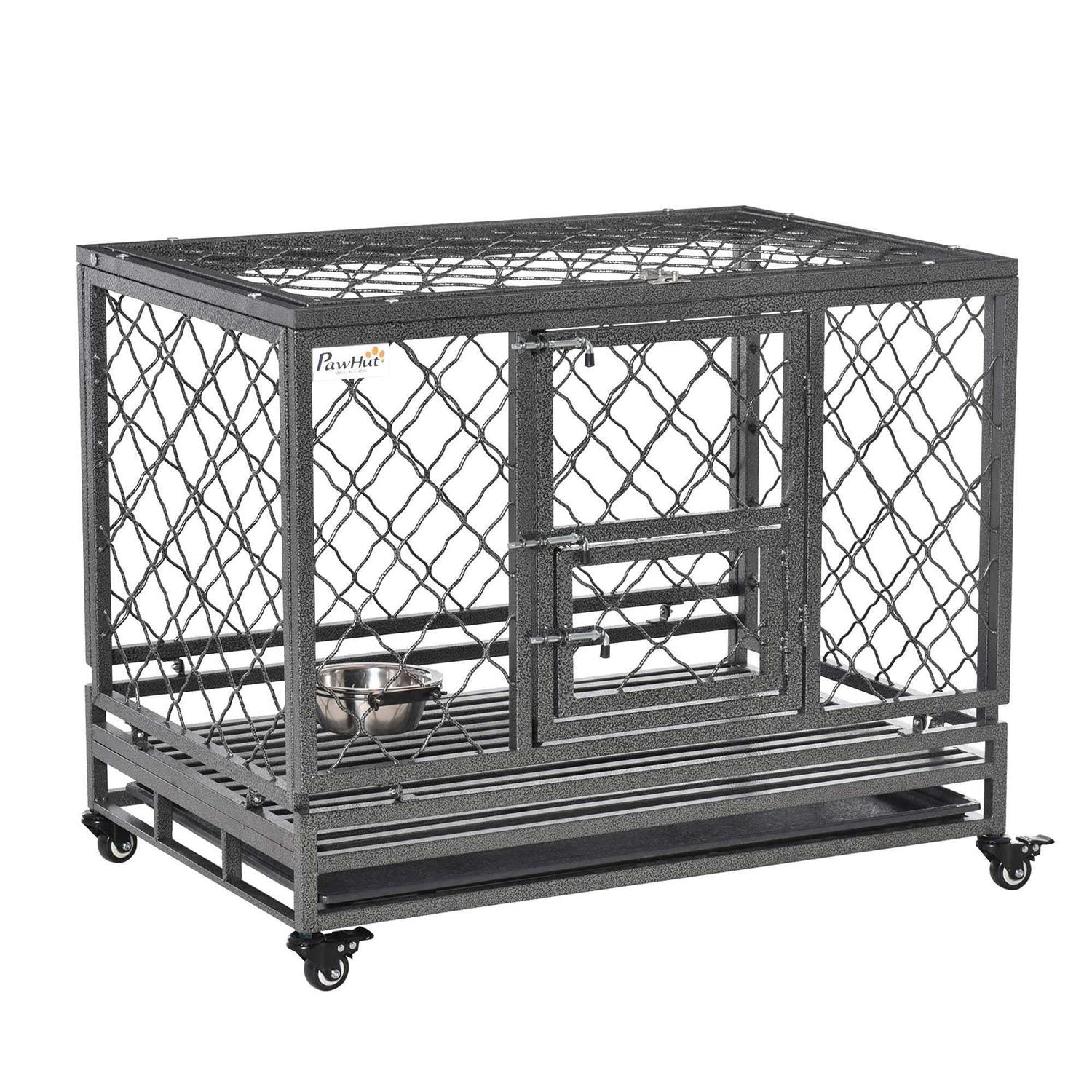 Pawhut Heavy Duty Dog Crate Metal Kennel and Cage Dog Playpen with Lockable Wheels, Slide-out Tray, Food Bowl and Double Doors - Healthber