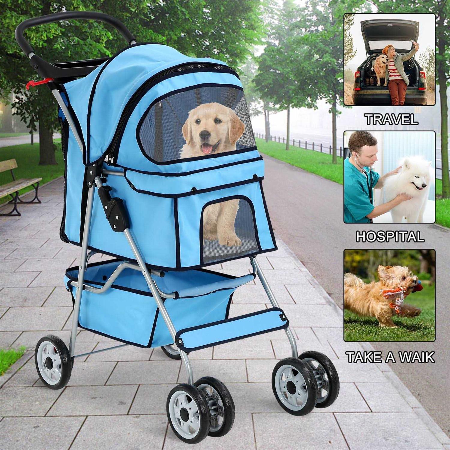 4 Wheels Pet Stroller Foldable Dog Stroller Cat Stroller with Cup Holders& Storage Basket for Small Medium Dogs - Healthber