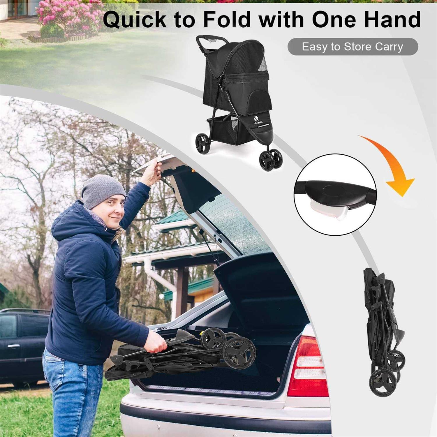 Timati Dog Stroller 3 Wheels Pet Stroller Foldable Dog Cat Carrier Strolling with Brake, Canopy, Cup Holders and Bottom Storage Space - Healthber