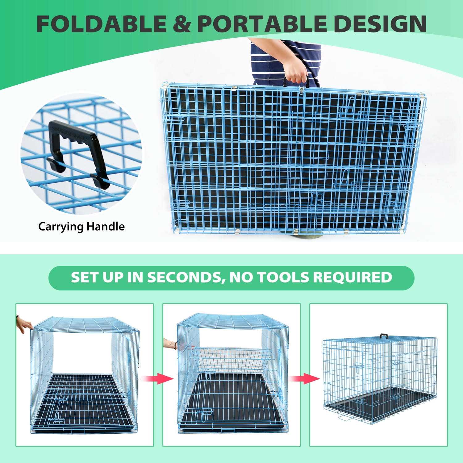 Yrllensdan Foldable Large Dog Crate for Large Dogs, Metal Wire Dog Cage with Plastic Tray and Handle Double-Door Outdoor Dog Crates and - Healthber