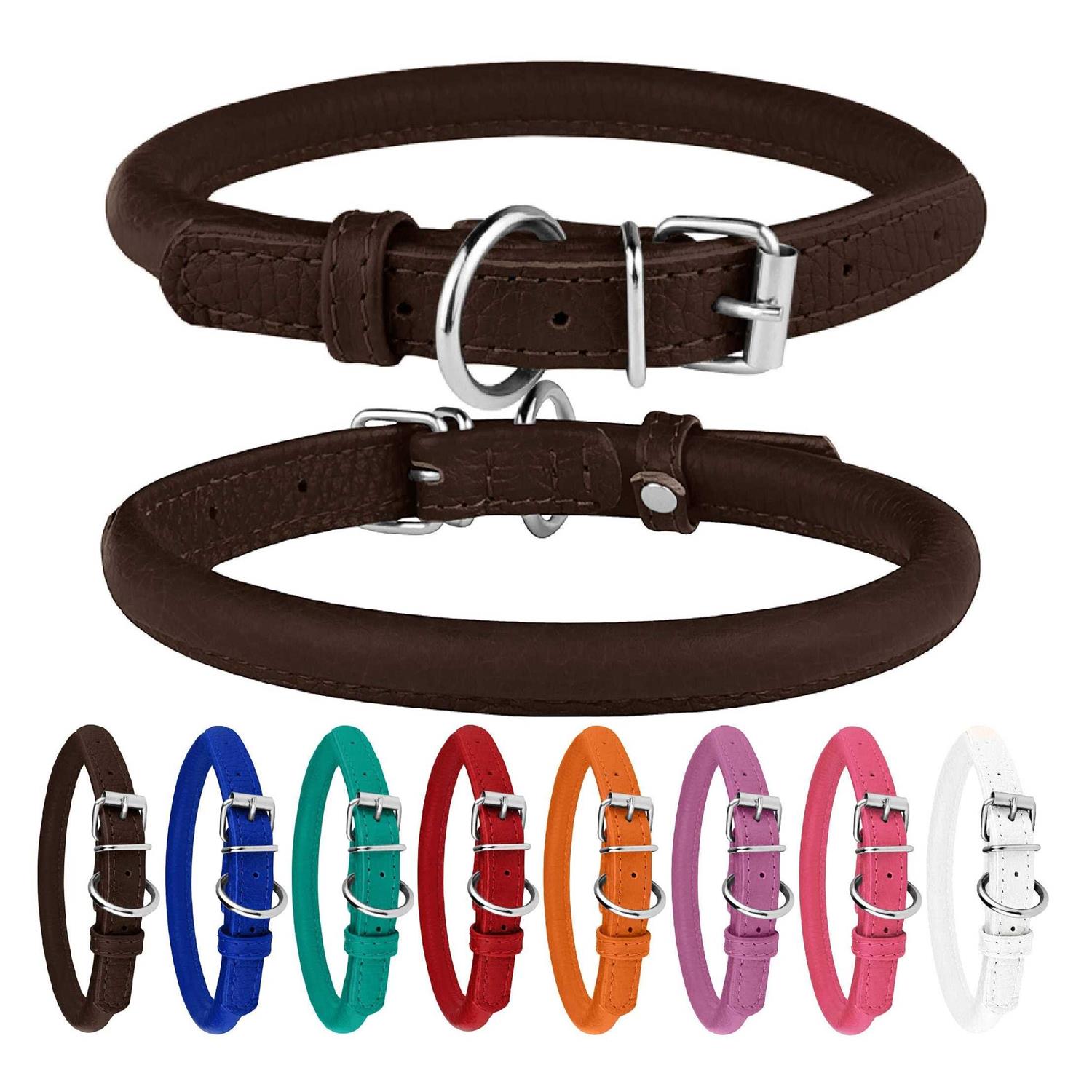 Bronzedog Rolled Leather Dog Collar with QR ID Dog Tag Round Personalized Collars for Small Medium Large Dogs Puppy Cat - Healthber