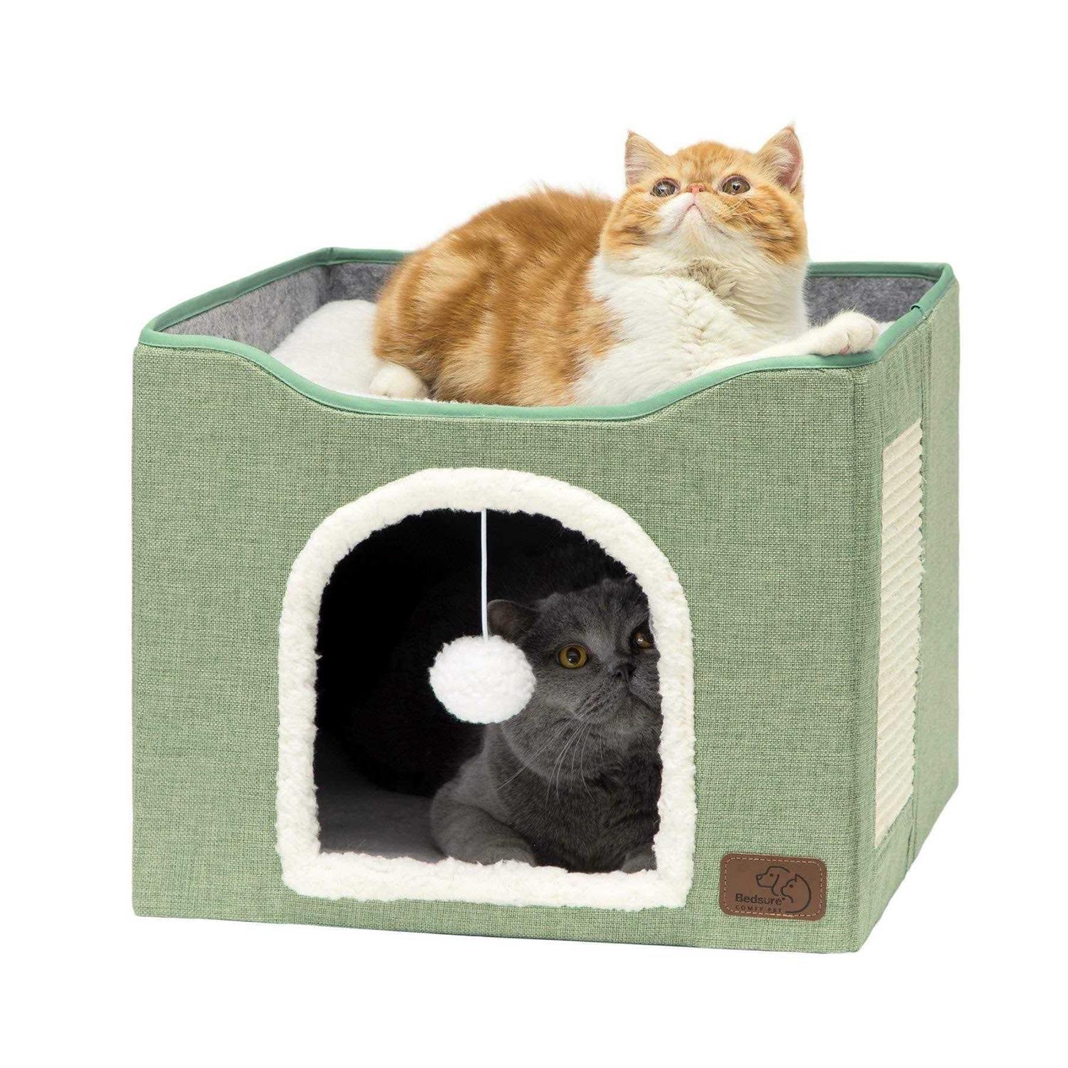 Bedsure Cat Beds for Indoor Cats Large Cat Cave for Pet Cat House with Fluffy Ball Hanging and Scratch Pad - Healthber