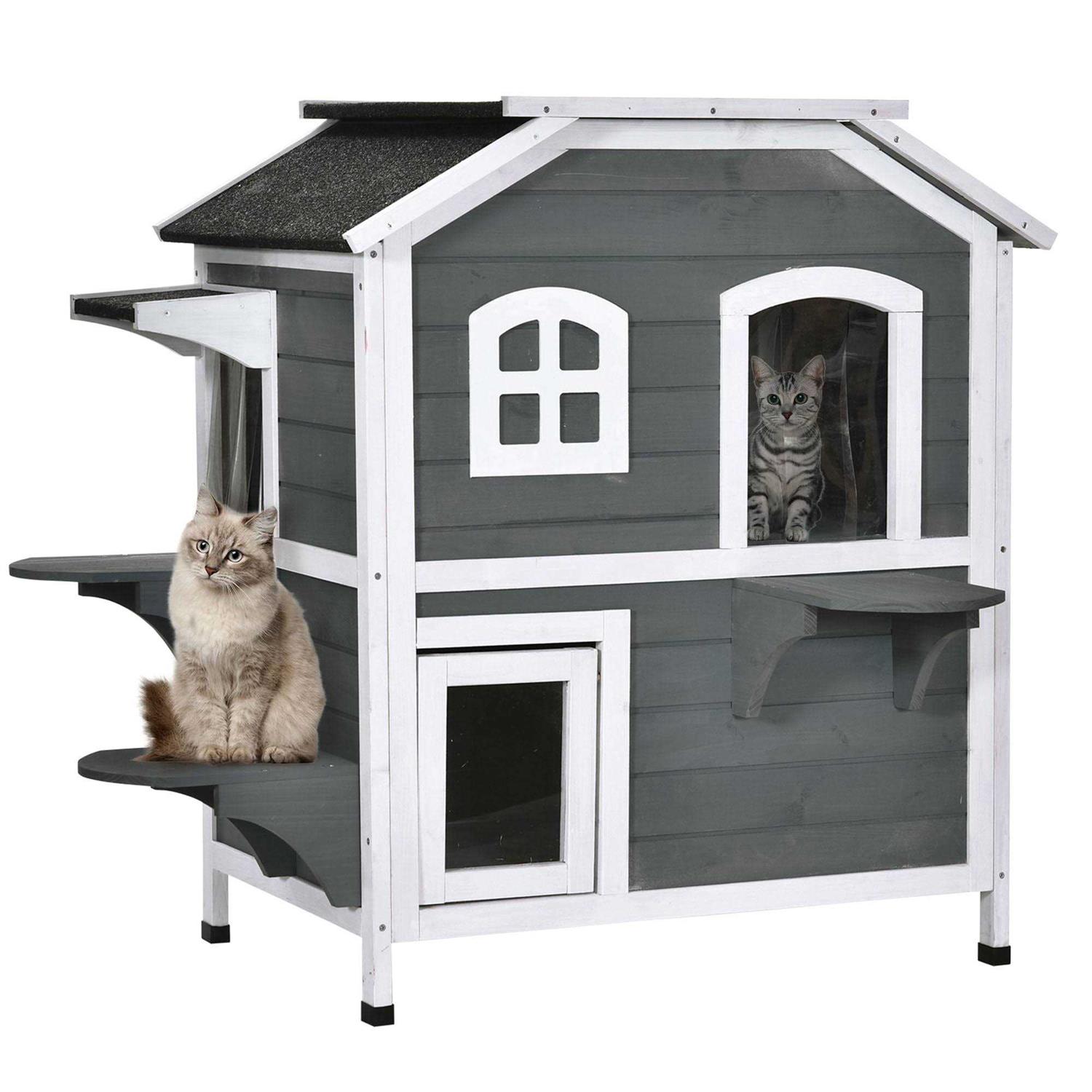 PawHut Wooden 2-Story Outdoor Cat House with Escape Door, Cat Openable Roof Platforms - Healthber