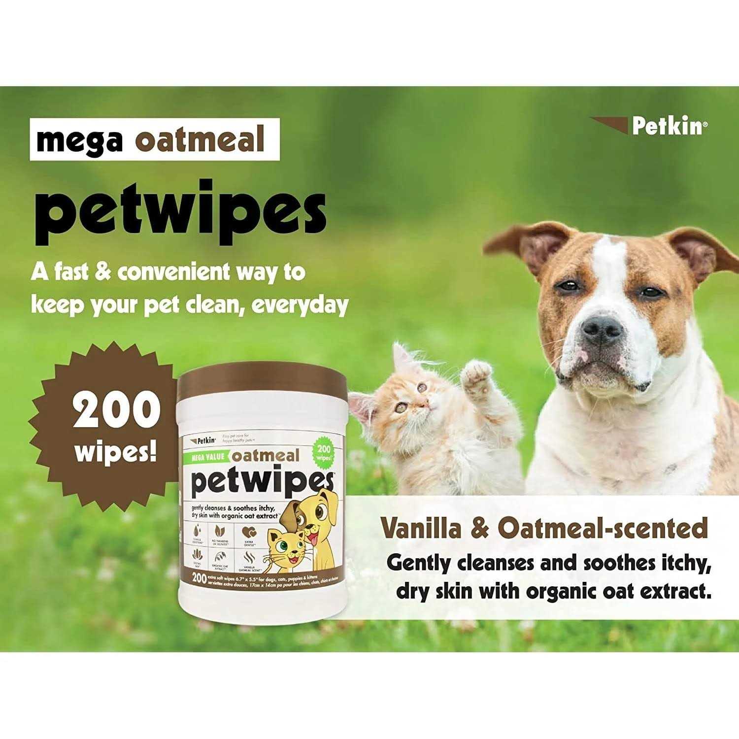 Petkin MegaValue Oatmeal Pet Wipes 200 Count - Healthber