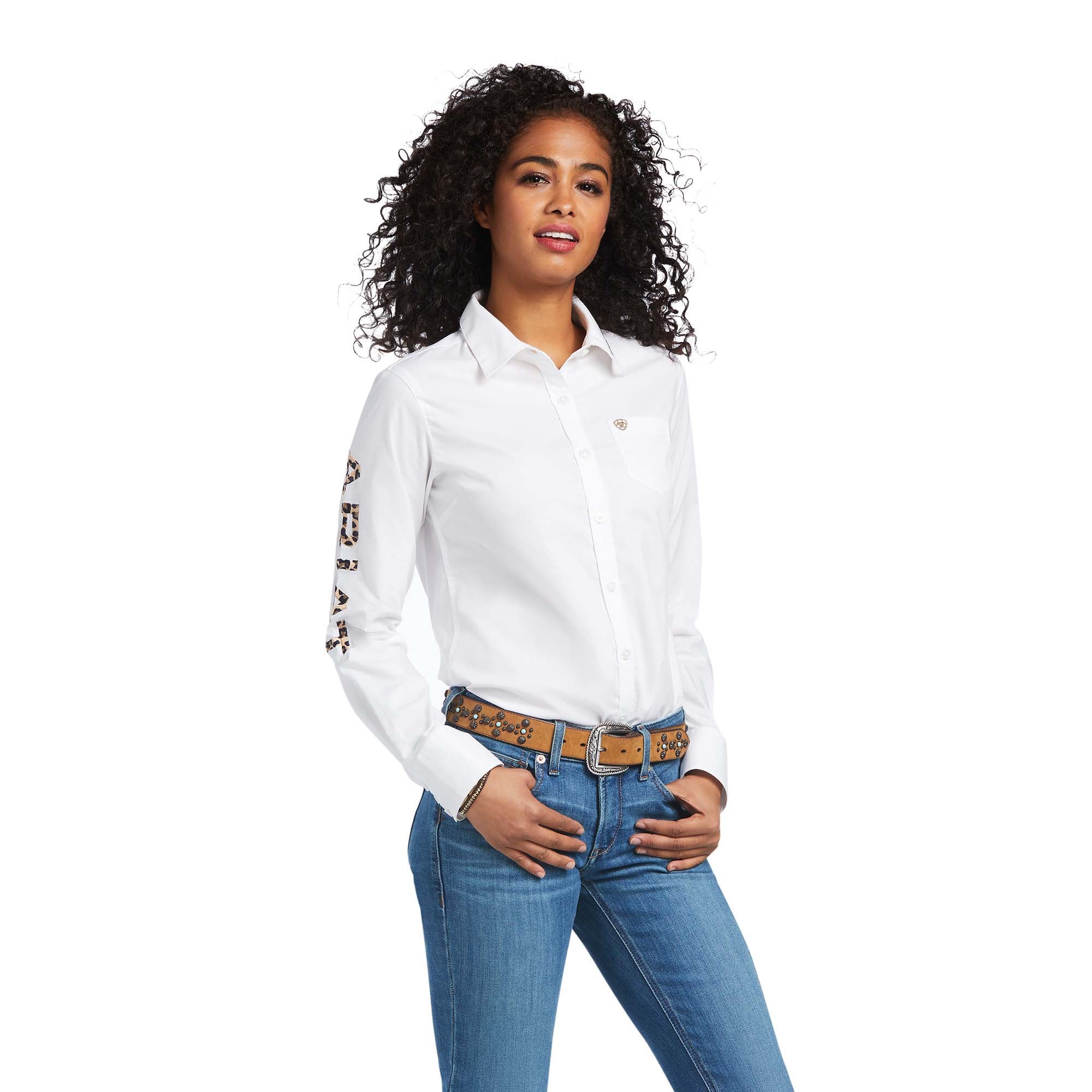 Ariat Women's Team Kirby Stretch Shirt, White with Leopard - Healthber
