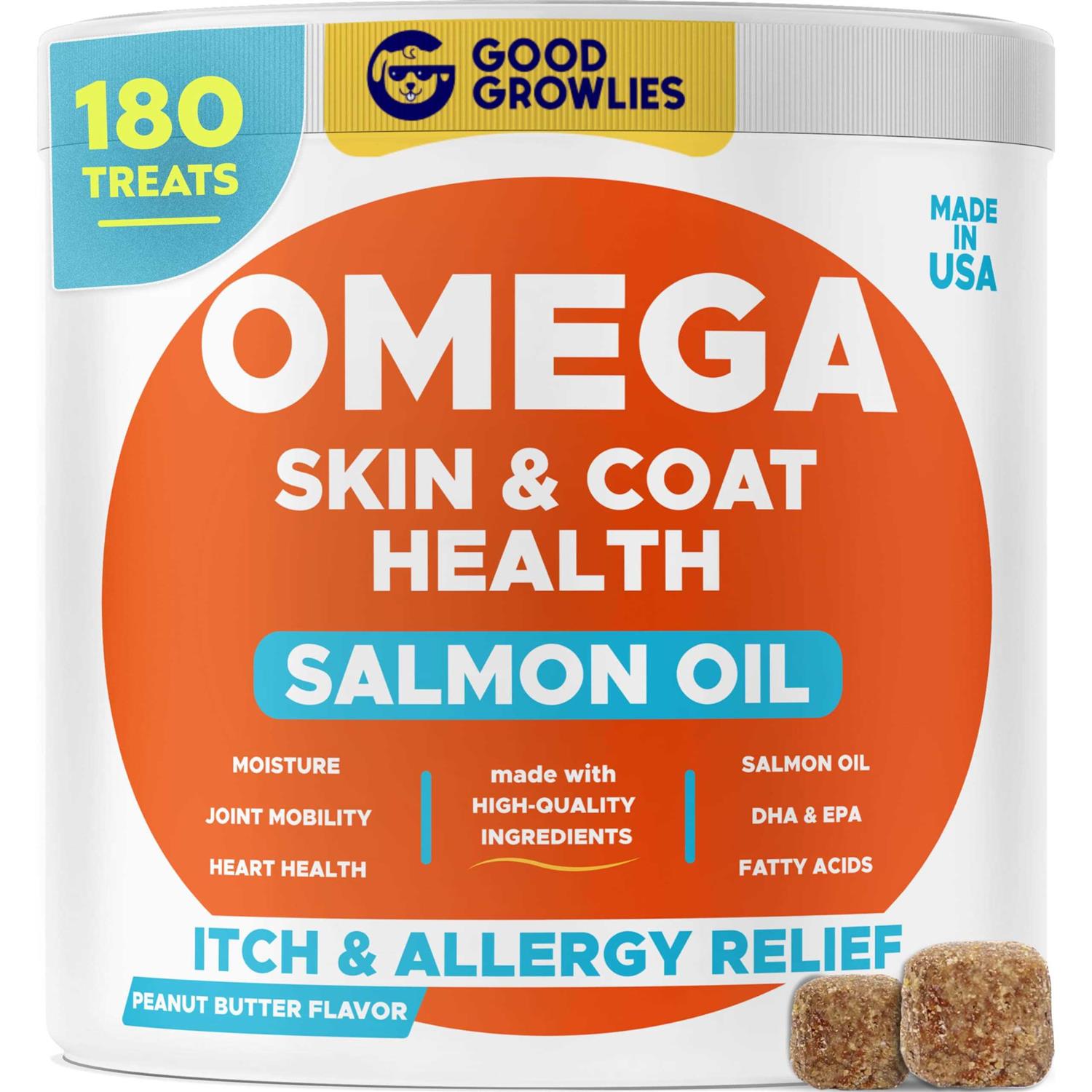 GOODGROWLIES Omega 3 Alaskan Fish Oil Treats for Dogs Dry&Itchy Skin Relief + Allergy Support - Healthber