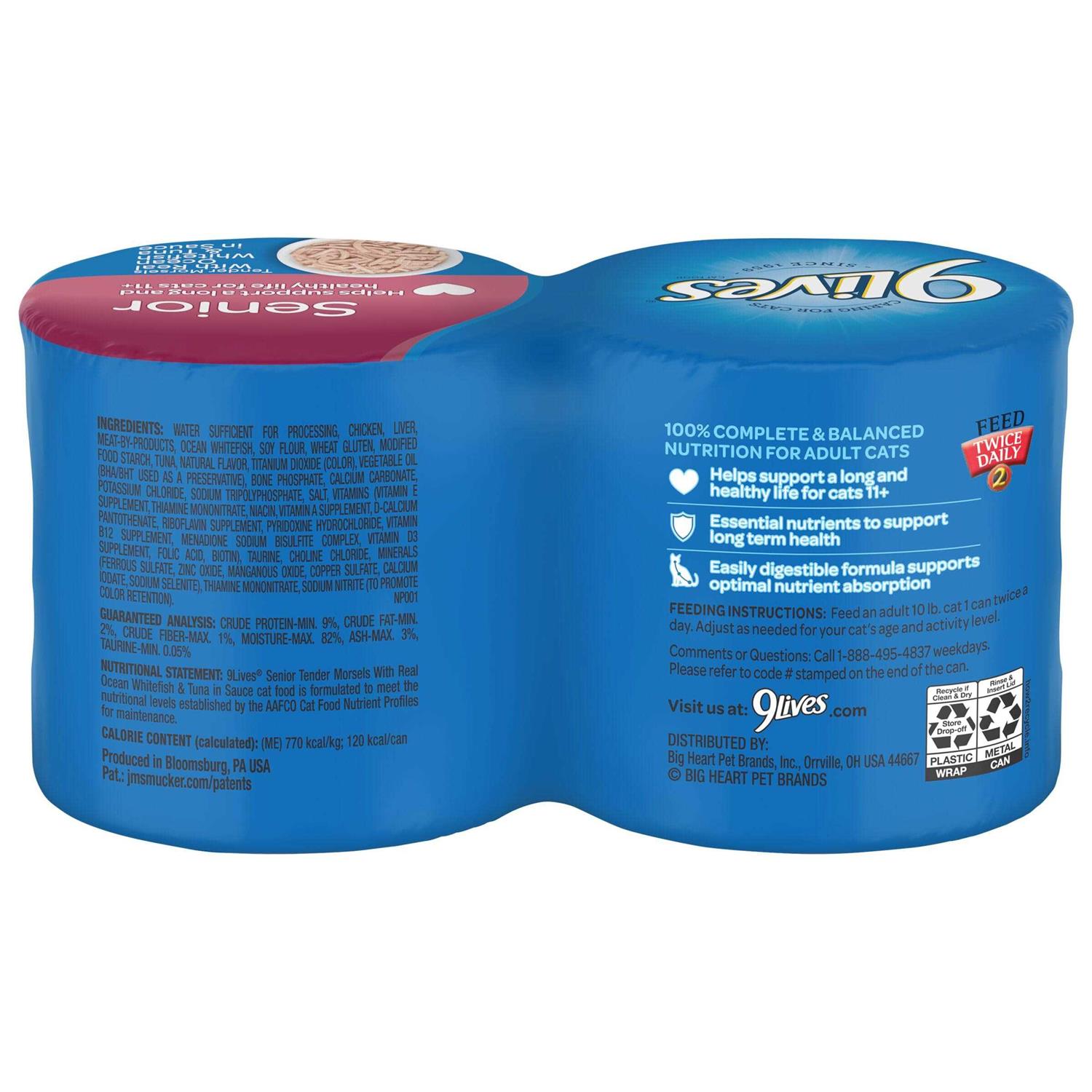 9Lives Wet Senior Cat Food Tender Morsels with Real Ocean Whitefish & Tuna in Sauce - Healthber