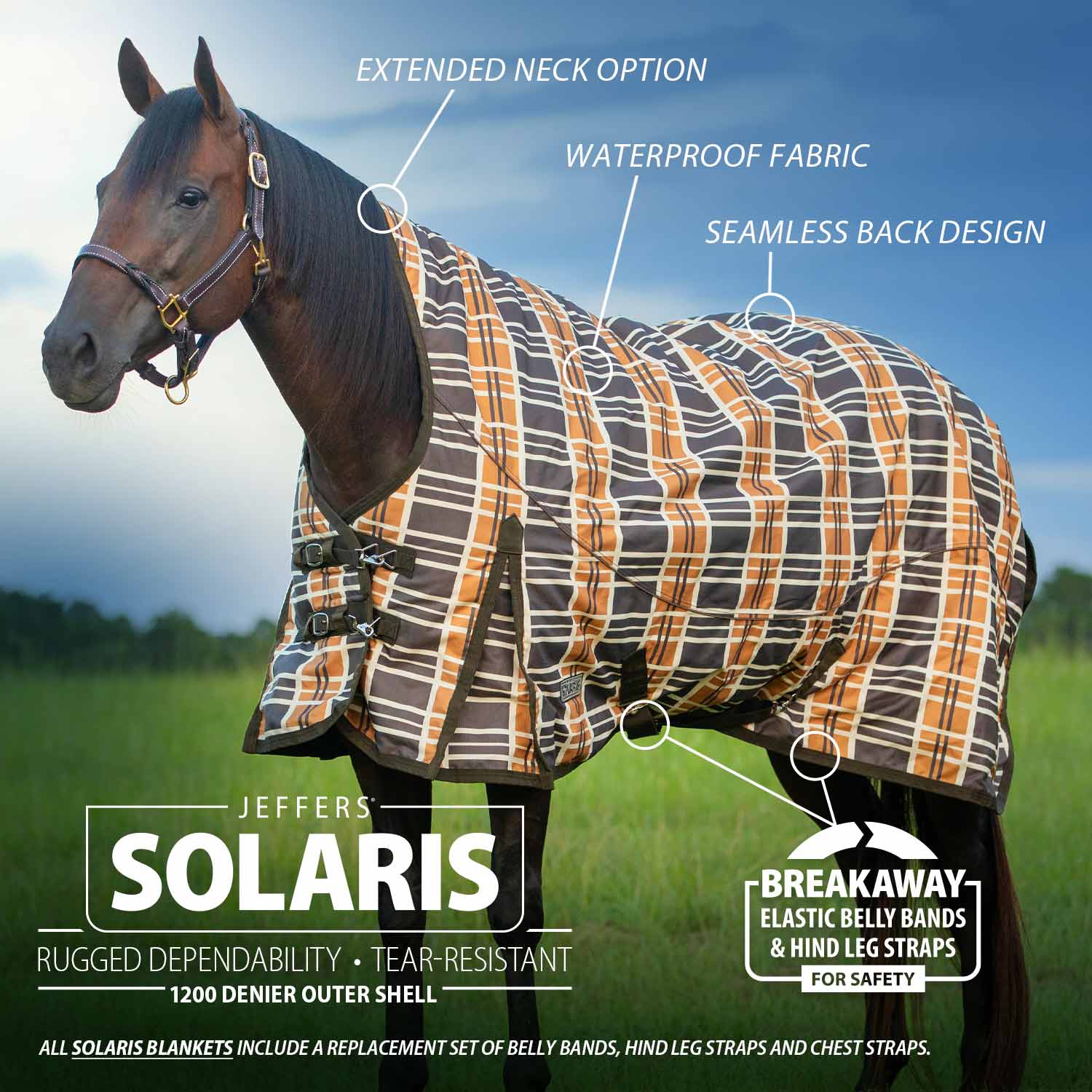 Solaris 1200D Extended Neck Horse Turnout Blanket, 240g Fill, Brown & Cream Plaid - Healthber