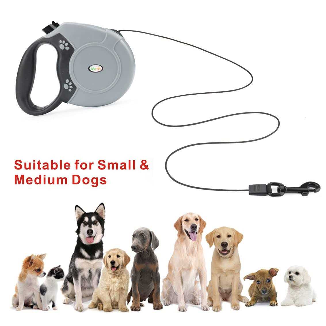 Idepet Heavy Duty Retractable Dog Leash for Small and Medium Dogs, Anti-Chewing Steel Chain 360 Degree Tangle-Free,Break and Lock System,16ft Leash - Healthber