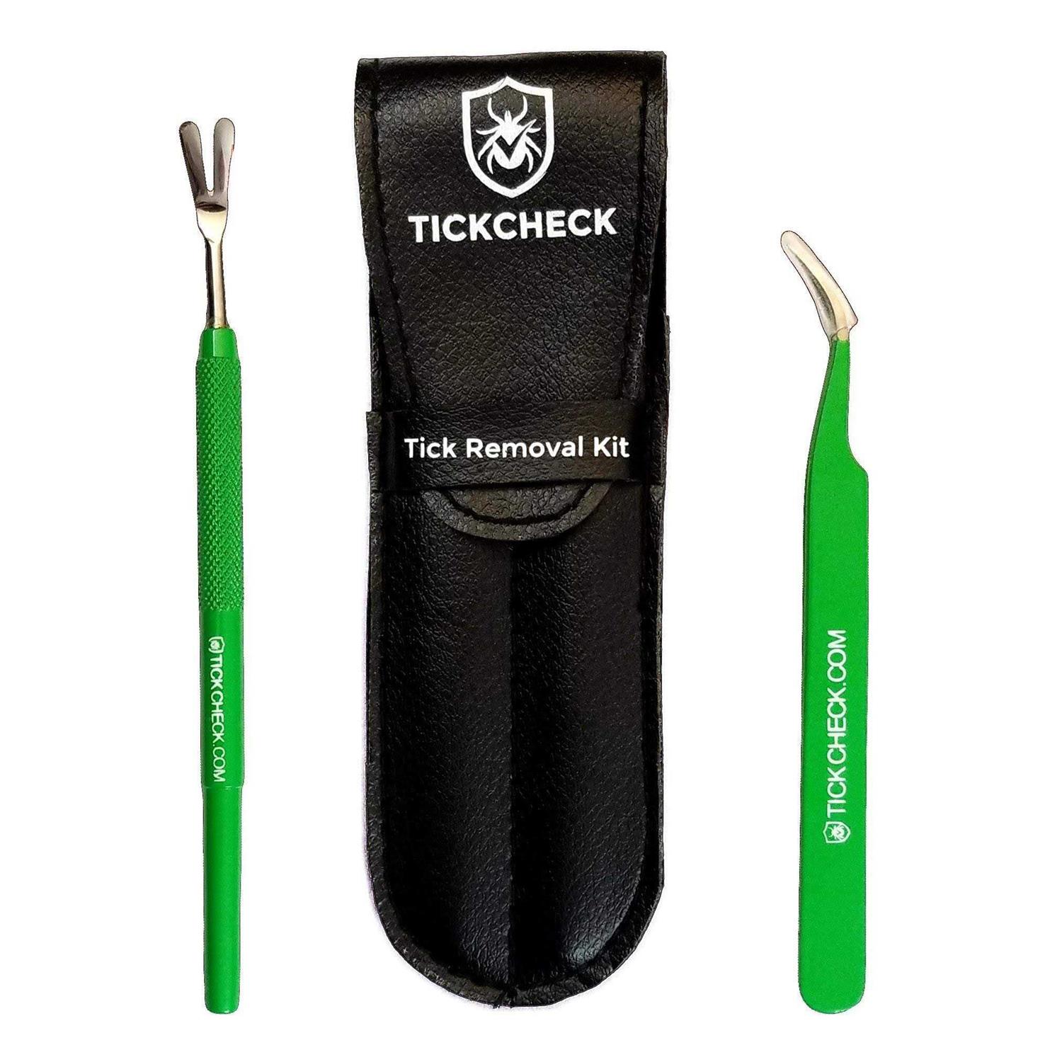TickCheck Premium Tick Remover Kit Stainless Steel Tick Remover + Tweezers, Leather Case, and Free Pocket Tick Identification Card - Healthber