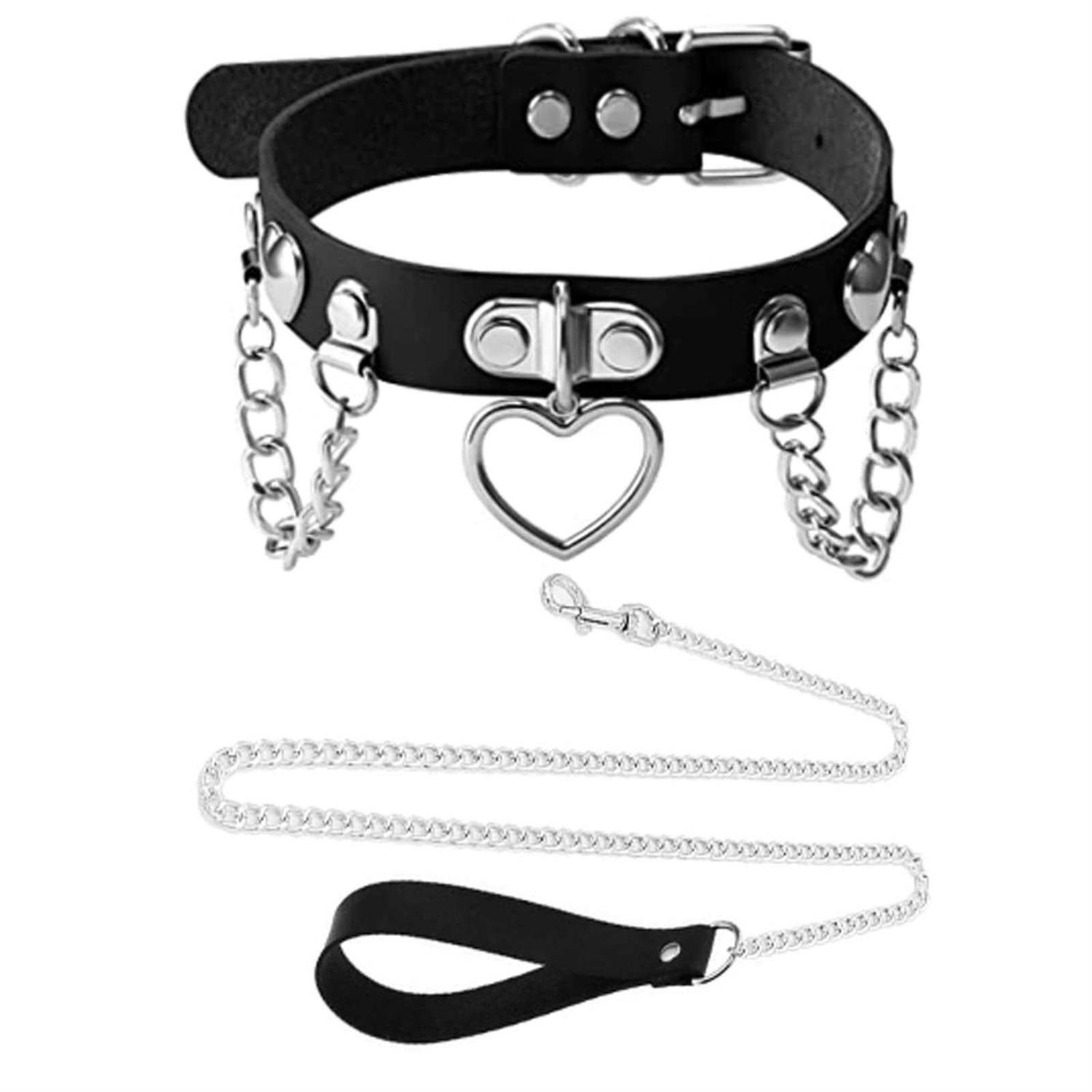 Tosmifairy Black Leather Choker Collar with Chain Leash Set Heart Pendant Necklace for Womens Pet Dogs Cats Unique Gifts - Healthber
