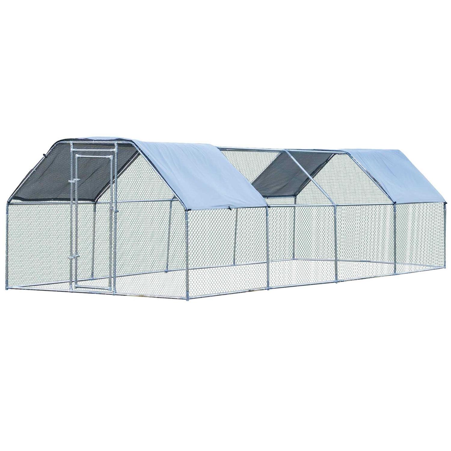 PawHut Galvanized Metal Chicken Coop Cage with Cover Walk-In Pen Run - Healthber