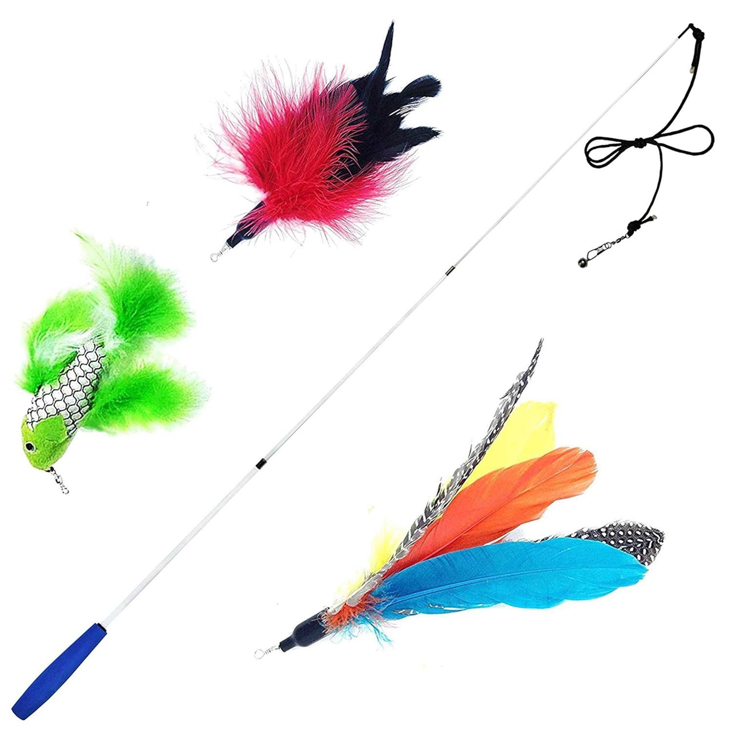 Pet Fit For Life Retractable interactive Cat or kitten Wand with 2 feathers and 1 soft furry combo - Healthber